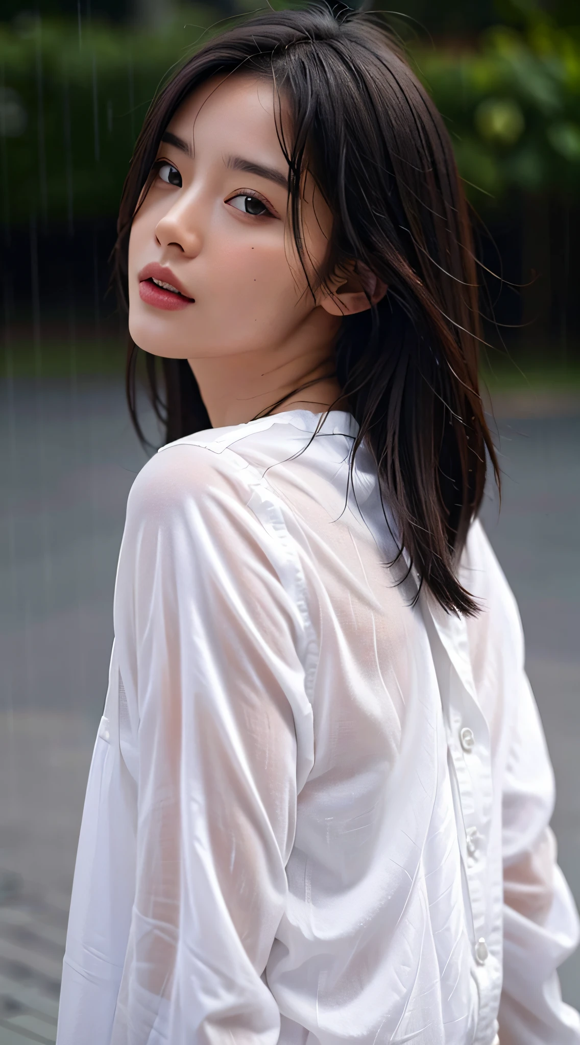 Photorealistic, high resolution, 1womanl, Solo, view the viewer, (Detailed face), Naked with white shirt, Rain