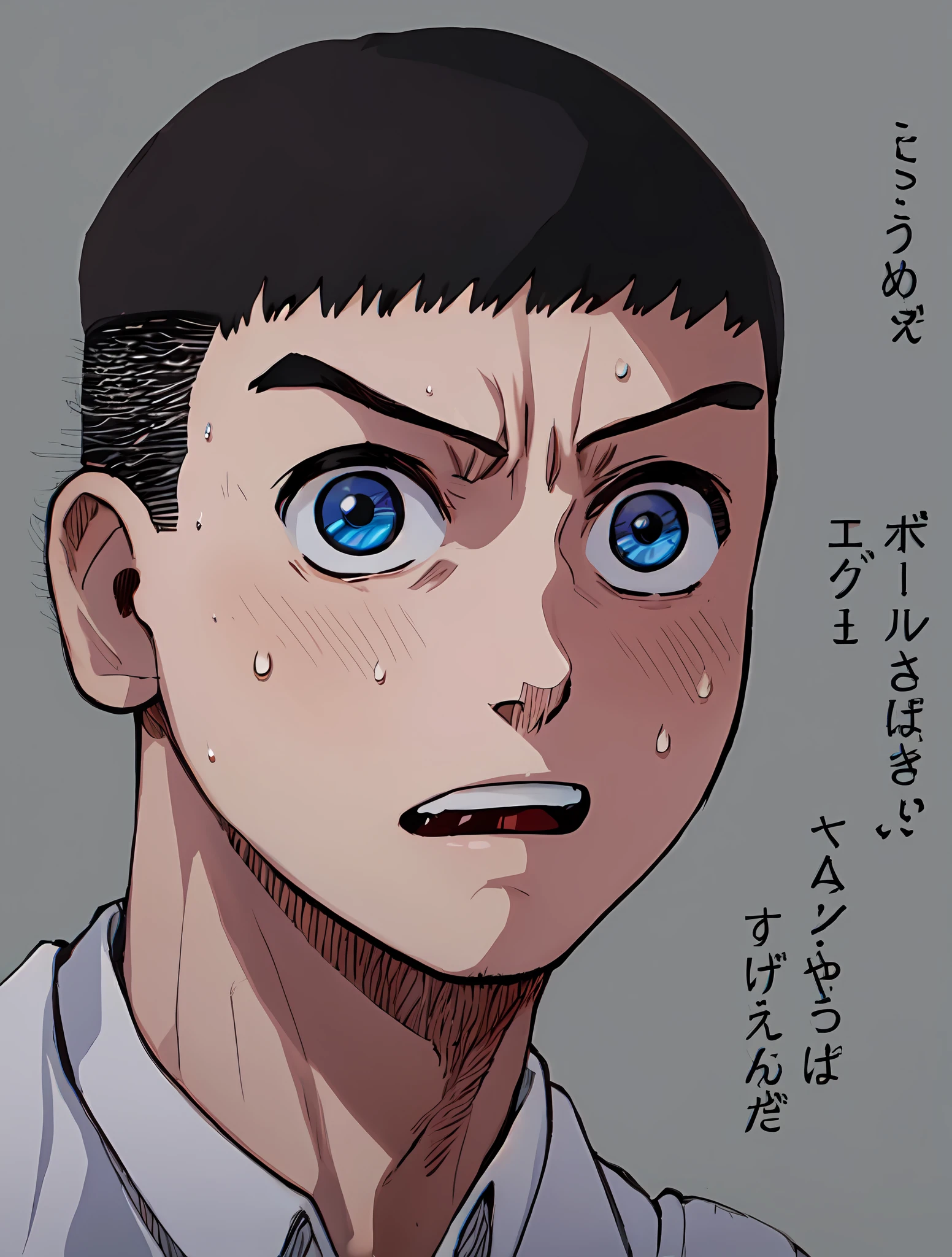 a anime of a boys manga, black hair color, blue eyes, shocked, white shirt, sweat, text manga, color manga, manga color, color manga, color manga panel, simple background