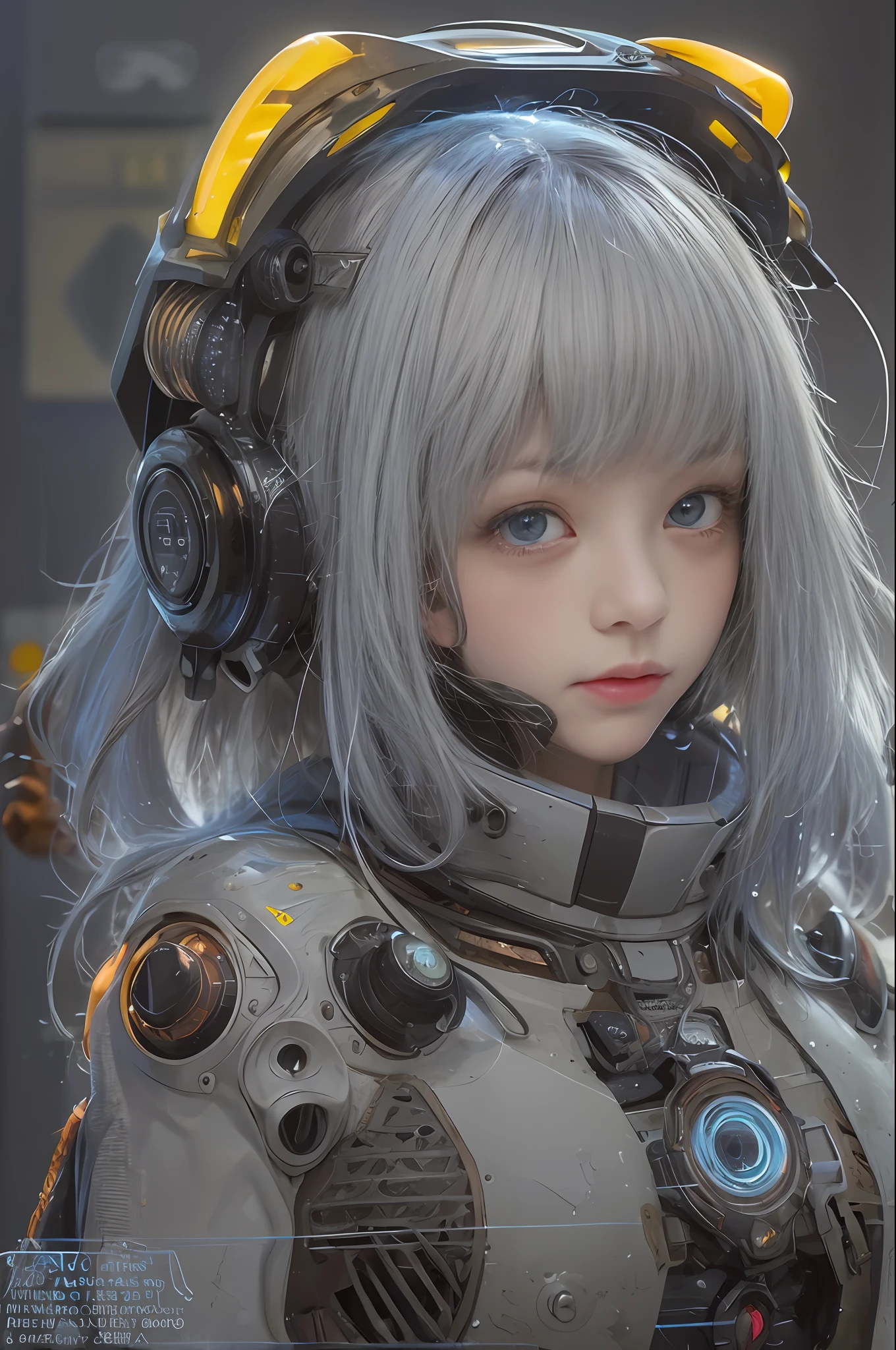 high high quality， tmasterpiece， 超高分辨率， （Photorealsitic： 1.4）， RAW photogr， 1 rapariga， Yellow hair， Glow skin， 1 Silver Mechanical Girl， （hyper realistic detailed））， sportrait， globalillumination， shadowing， rendering by octane， 8K， Super sharp，The groove exposes the original skin，Exposing the chest，Expose breasts exposed， Brown metal， Intricate decorative details， Japanese details， very complex details， realistic raytraicing， CGSoation trends， a purple eye， glowing light eyes， facing at the camera， neon light detail、Mechanical limb、The blood vessels that connect the tubes、Mechanical vertebrae connected to the back、Mechanical cervical connection of the neck、Sit Pose、Wire and cable connecting the head、Up、Small LED light、