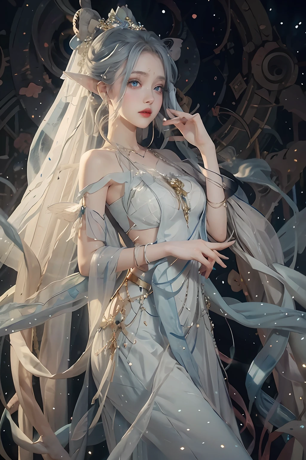 1 girl, white and blue long dress, fairy spirit, delicate makeup, lipstick, big eyes, blue eyes, perfect figure,