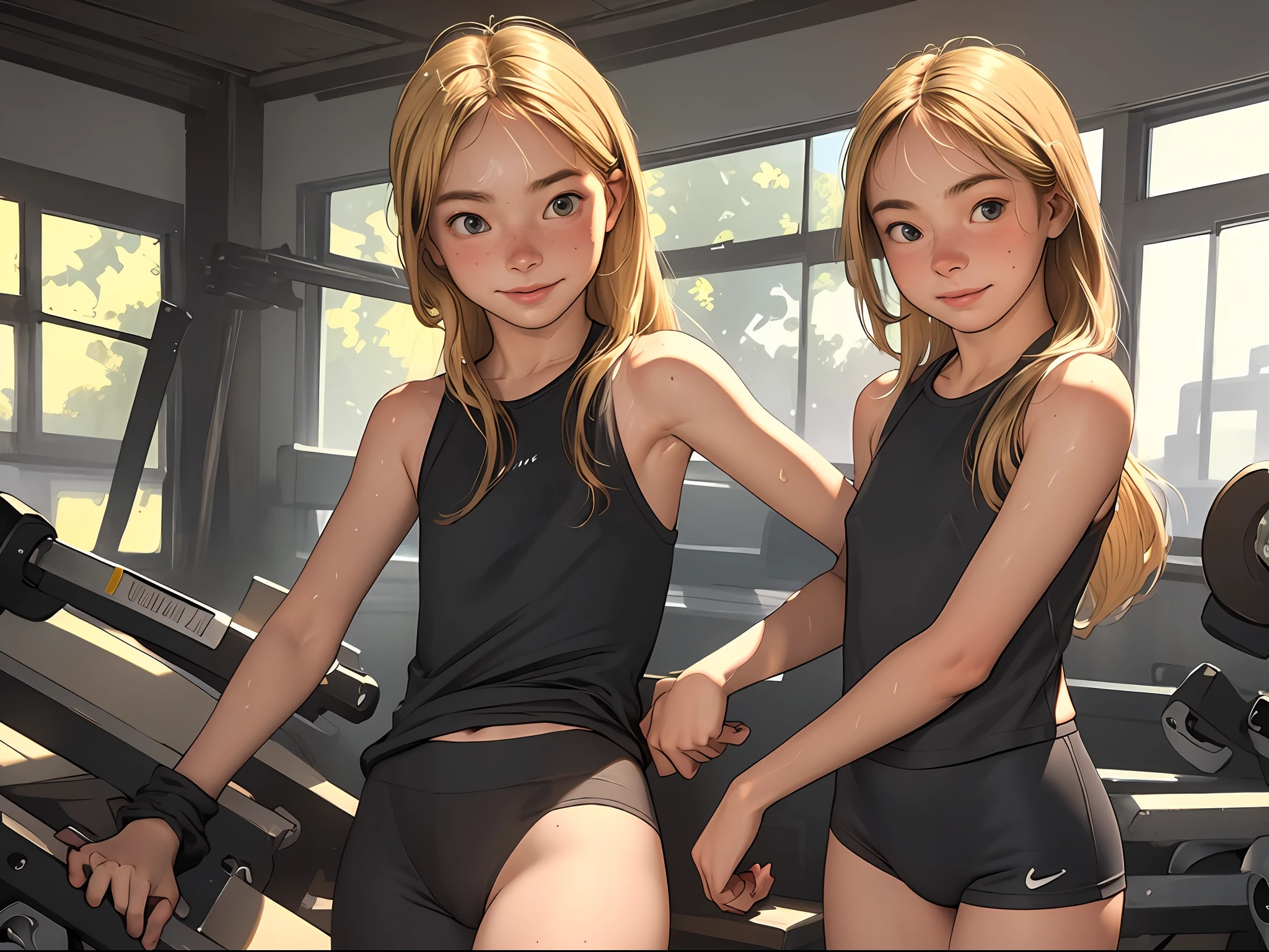 (best quality, masterpiece1.2), (detailed eye:1.2), intricate detail, depth of field, 20 years old girl, standing, athletic, gym, twisted torso, sweat, head tilt, see-through, blonde, freckles, blush, steaming body, (oversized tank top), (backlight:1.2), twisted torso, (muscular:0.6), (long hair:1.2), looking at viewer, smile, socks, sneakers, (sweat), leggings