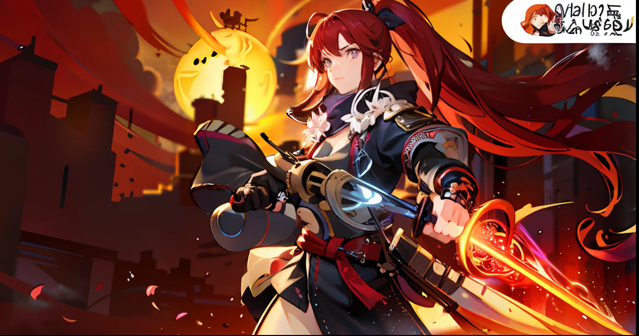 upper body, 1girl, red hair, ponytail, purple eyes, (ninja), short sword, medium breats ,scarf, wallpaper, magic circle background, light particles, blue fire,