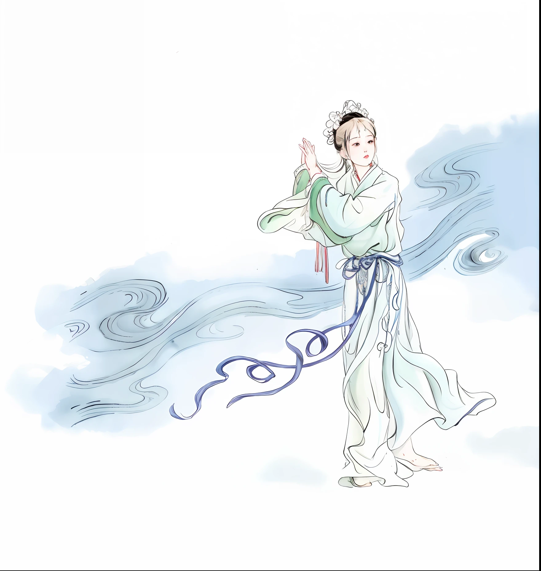 There is a painting,A woman in a white dress holds a blue ribbon, Inspired by Seki Dosheng, inspired by Yun-Fei Ji, inspired by Zhang Zeduan, Inspired by Zhao Yuan, inspired by Tang Yin, inspired by Emperor Huizong of Song, guanyin of the southern seas, Chinese watercolor style, inspired by Pan Tianshou