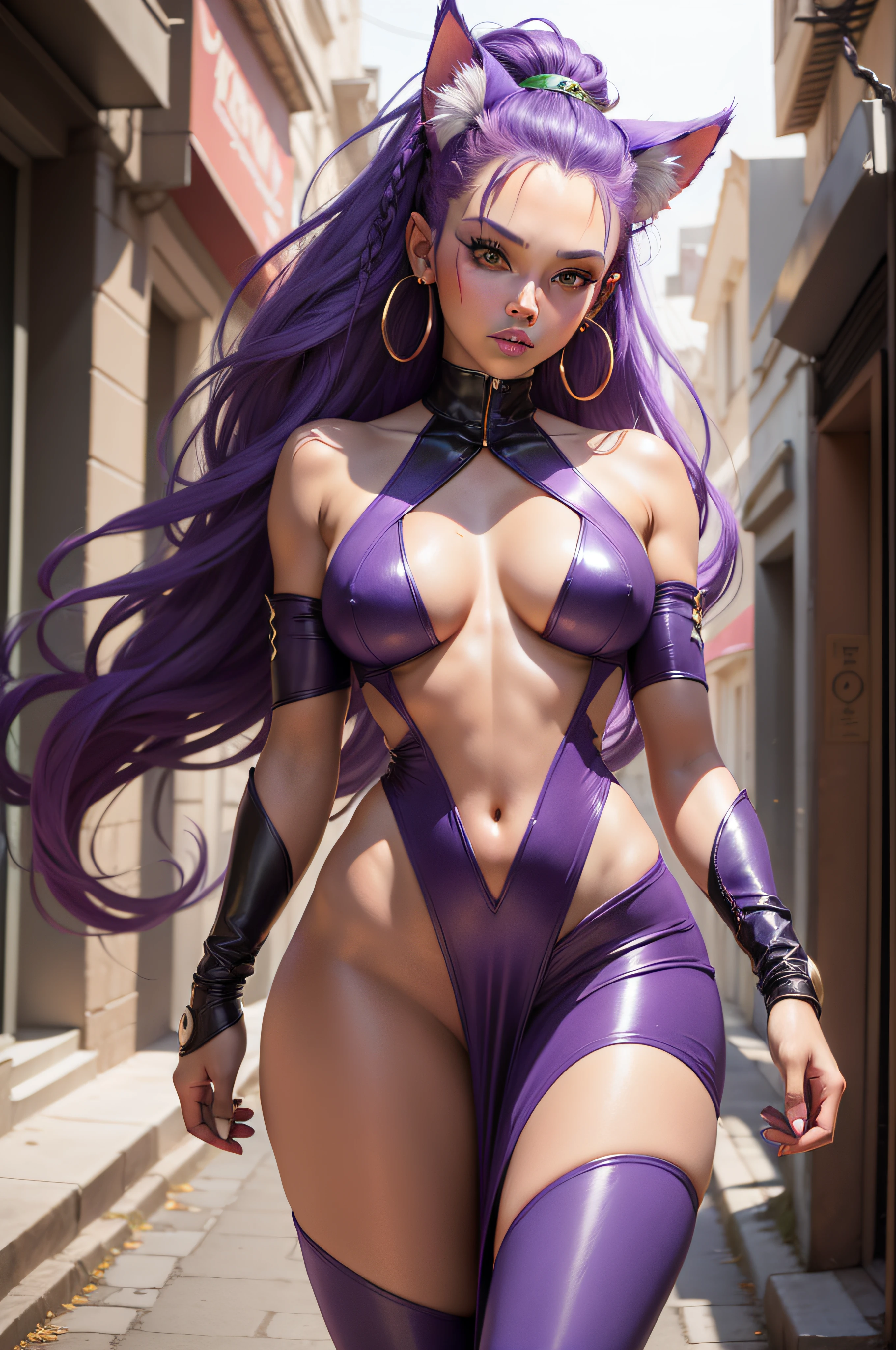 Felicia, Darkstalkers, analog style, Flying through a futuristic alley, Foto de Odessa, photo taken by Canon Action Pro high-speed camera, 16k, Erica Mena interpretando el papel de odessa, A tanned-skinned 19-year-old Colombian superheroine with three purple goddess braids and turquoise metal cat ears and eyes attached to her head., Designer Platinum Hoop Earrings,Exactly half of your face intricate tattoo designed, has an epic battle experience. Una mezcla entre (senos grandes, His multicolored suit is very cool and unique and feminine, sensual. It's a mix of Marvel and DC as multicolored design., and uses quantum energy for various effects, cuerpo perfecto,3D modelo,Foto RAW, completamente vestido, purple hair,