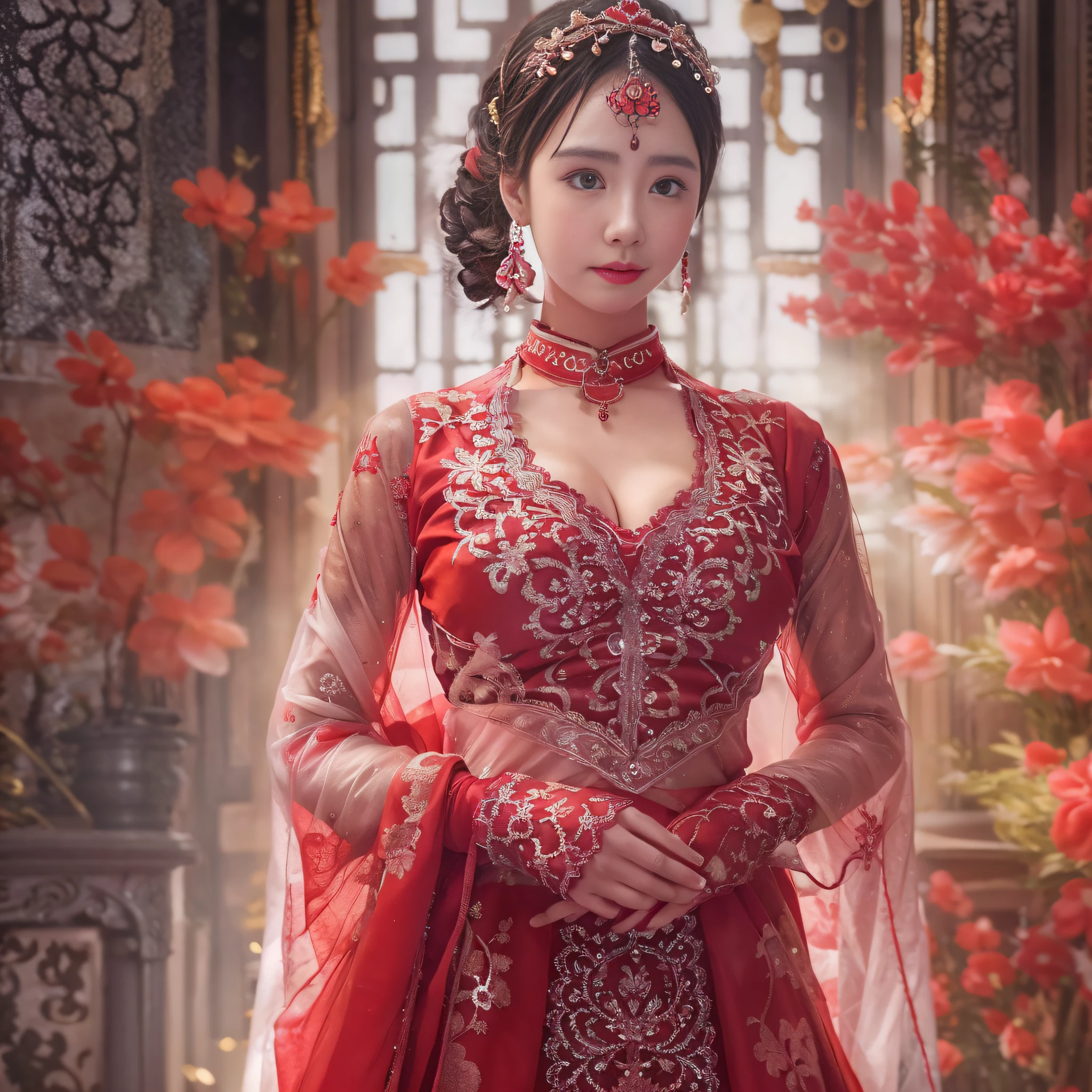 Good quality， tmasterpiece， A high resolution， 1girll，Chinese wedding dress，hair adornments，choker necklace，jewely，beauitful face，after sexing_Body，Tyndall effect，realisticlying，Red festive room edge lighting，twotonelighting，（highdetailskin：1.2），8K high-definition，gentle illumination，high high quality，Volumetriclighting，Frankness，photore，A high resolution，Blur the upper body, Plump breasts,