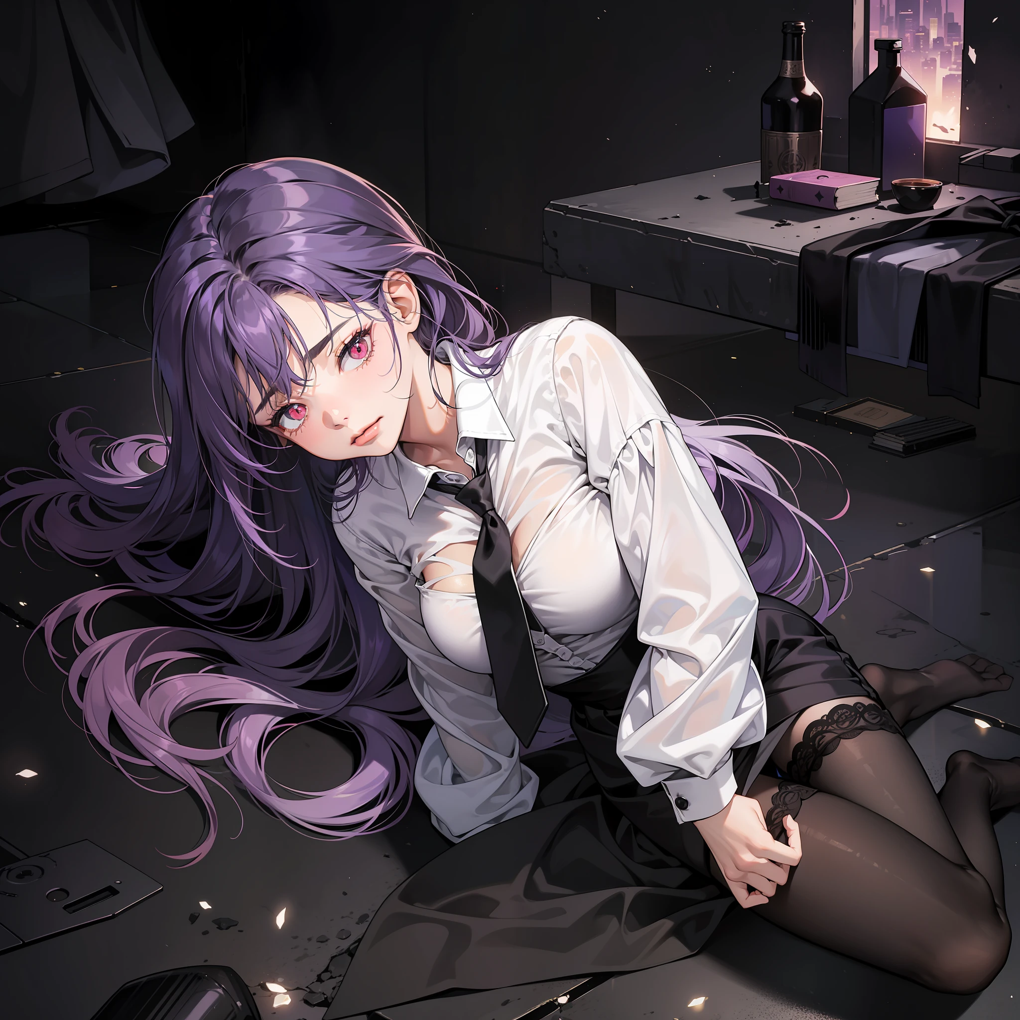 The is very detailed，Textured skin，Ray traching，the night，liveroom，1beatiful girl，Collapsed to the ground，20yr old，busty figure，Black panty，White collared shirt，black necktie，Purple hair，Long hair and waist，Red eyes，Sleepy，Heart-like pupils