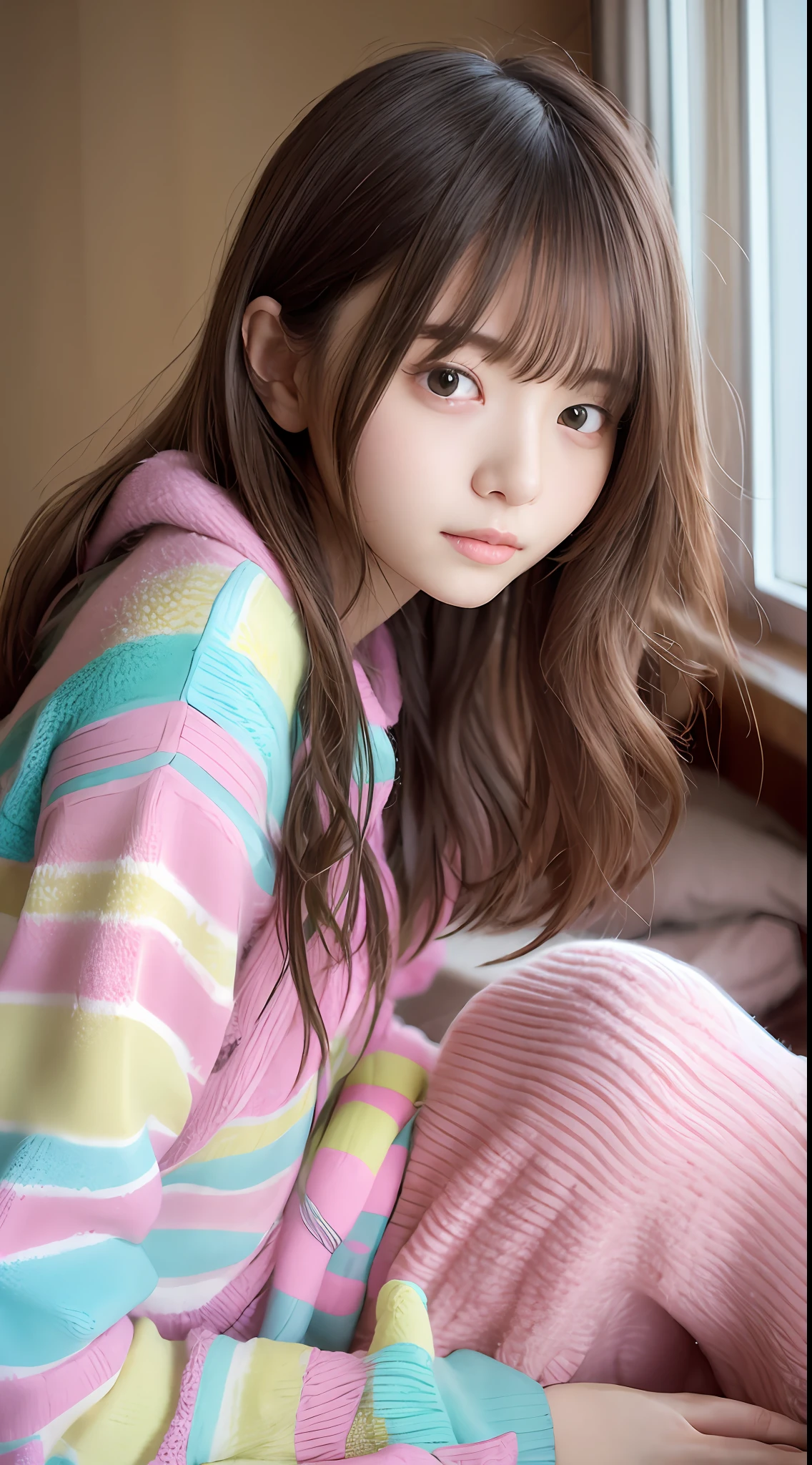 Sitting on bed wearing a sweater, colorful pastel, cute colorful adorable, wearing a baggy pajamas, lofi-girl, soft cute colors, Colorful mood, young and cute girl, pastel colors only, Bright pastel colors、Pastel and fluffy room、Pastel bed、