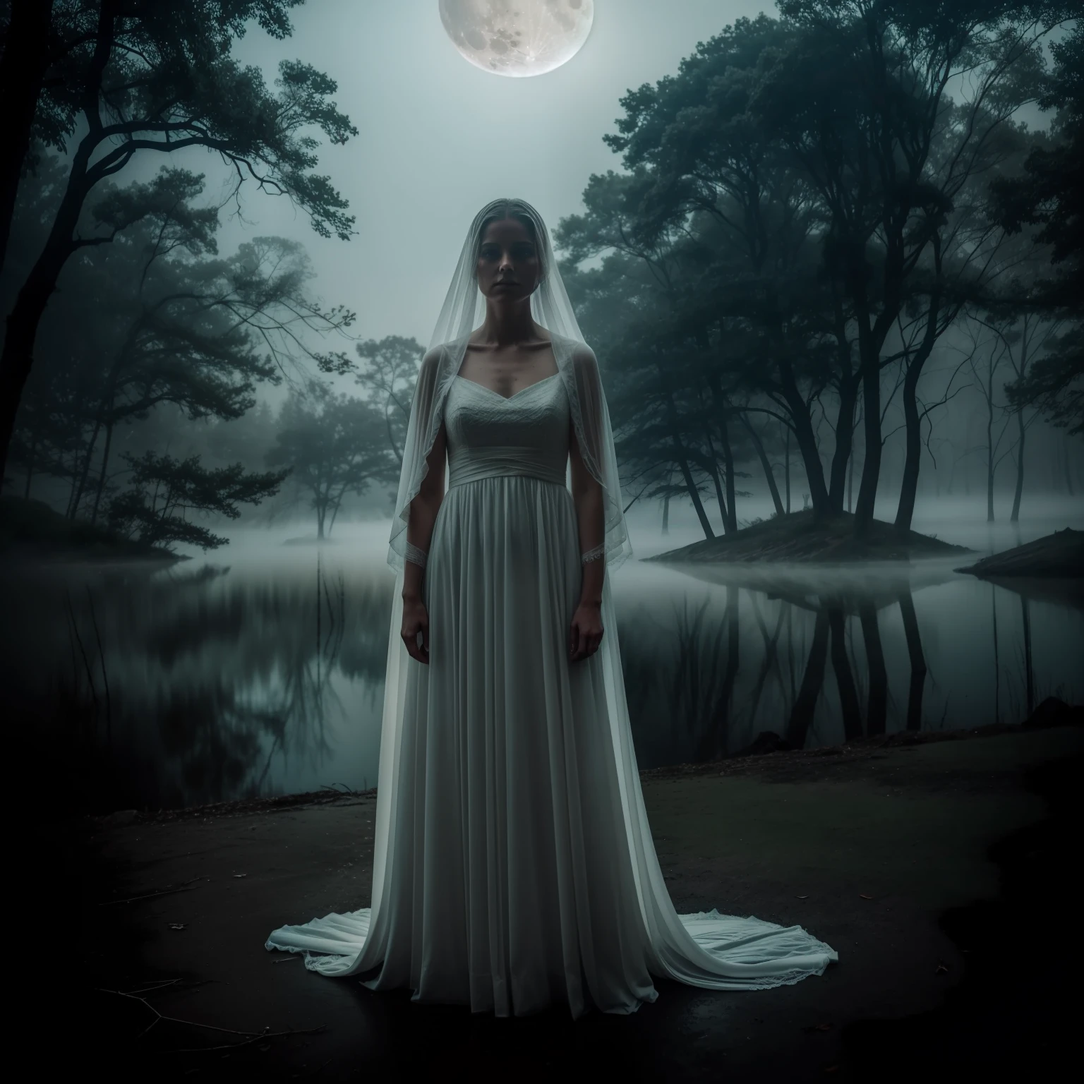 "Subject: A spectral, ghostly woman in a flowing white dress, standing at the edge of a mist-covered lake beneath a full moon. Her hair drifts in the ethereal breeze, and her eyes glow with an otherworldly light. The lake is surrounded by gnarled trees and fog, creating a haunting atmosphere. The image should be a photograph, capturing the eerie presence of the ghostly woman in the moonlit scene. The camera shot is a medium shot, focusing on the woman's spectral figure. Use a 50mm lens to capture the details and emphasize her ghostly features. The lighting is a mix of moonlight and subtle, supernatural glows, creating a sense of mystery and the unknown. The resolution should be 4K to capture the ghostly details and the moonlit ambiance."