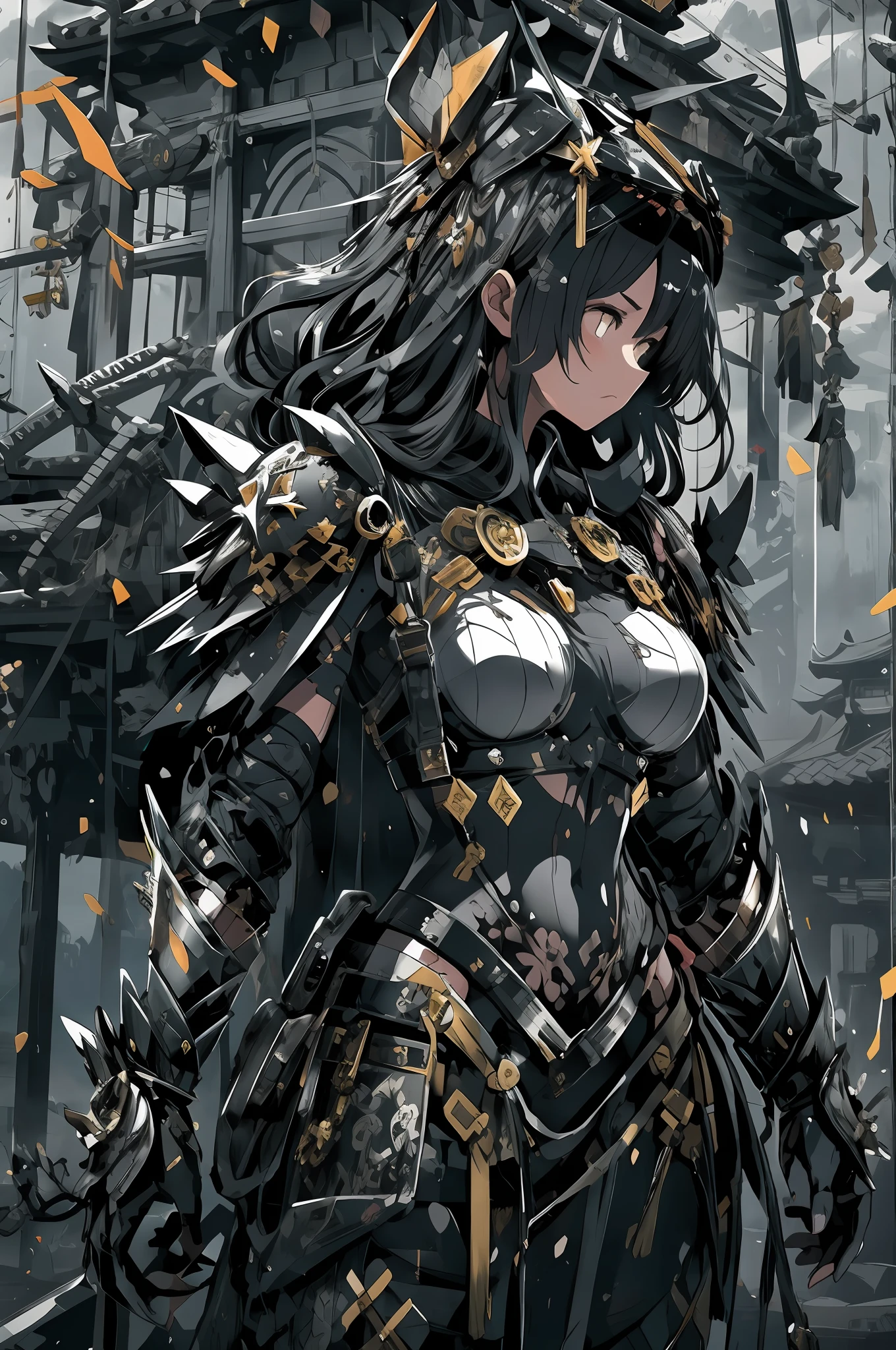 ​masterpiece, top-quality, hightquality, abyssal, awardwinning photo, depth of fields, nffsw, ighly detailed, trending on artstationh, Trending in CGSighbour, Convoluted, high detailing,This illustration is、It is a fantasy scene that emphasizes weight and strength.。Female warrior in black armor、Stand with a very large sword in each hand。Her armor is、Covered with thick and heavy steel plates、You can feel its weight and dignity.。The design of the armor is、Attention to detail、Carved patterns and reliefs exist、It symbolizes her pride and determination as a warrior。

Her expression was、Firm determination.、Eyes have a mysterious glow, As if staring into the distance。Her gaze is、It shows its inner strength and determination.、You can feel the fighting spirit hidden in her chest。

The surroundings include、Turbulent powder々Became glass、Sound and spectacle further accentuate the majestic atmosphere.。Steel armor and powder々The contrast of the glass that became、Symbolizes the trials of the female warrior's past and her indomitable will。

This illustration is、Through the figure of a female warrior with strength and solidity、It depicts a message of strength and courage to overcome adversity。