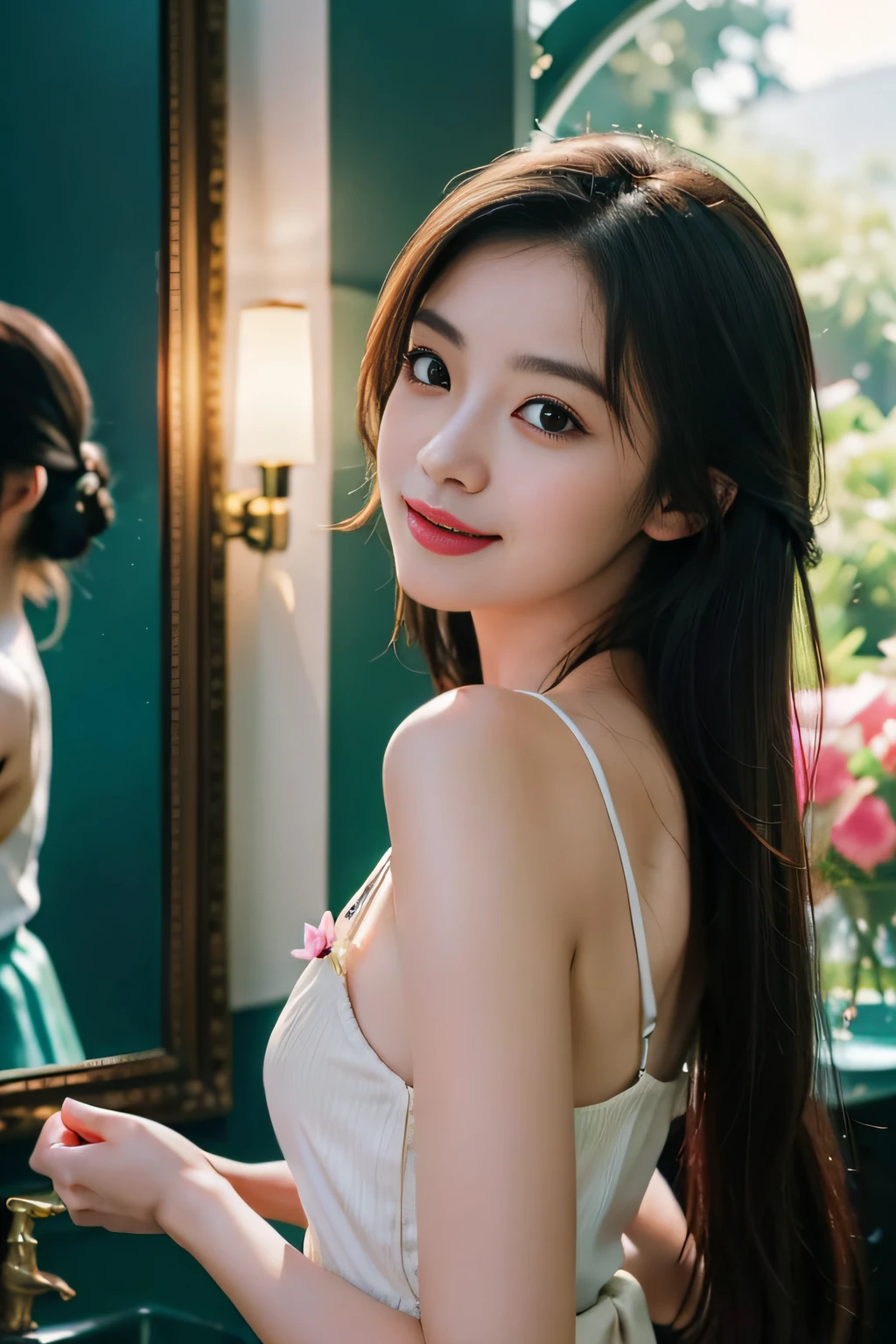 "She is the fairy in the painting,It is a treasure in dreams。Her beauty,Enough to captivate the country。She stood alone in front of the mirror,Slender fingertips gently brush over thin skin,What exudes is a sense of tranquility and nobility。A smile on the lips,It's like a lotus flower in full bloom,It's both shy and deep。Eye waves,Bright as a star,Lovingly。She is an unfinished poem,Waiting for you to fill every word。She is the vision in your heart,The ultimate beauty of your world。" wlop 3DMM