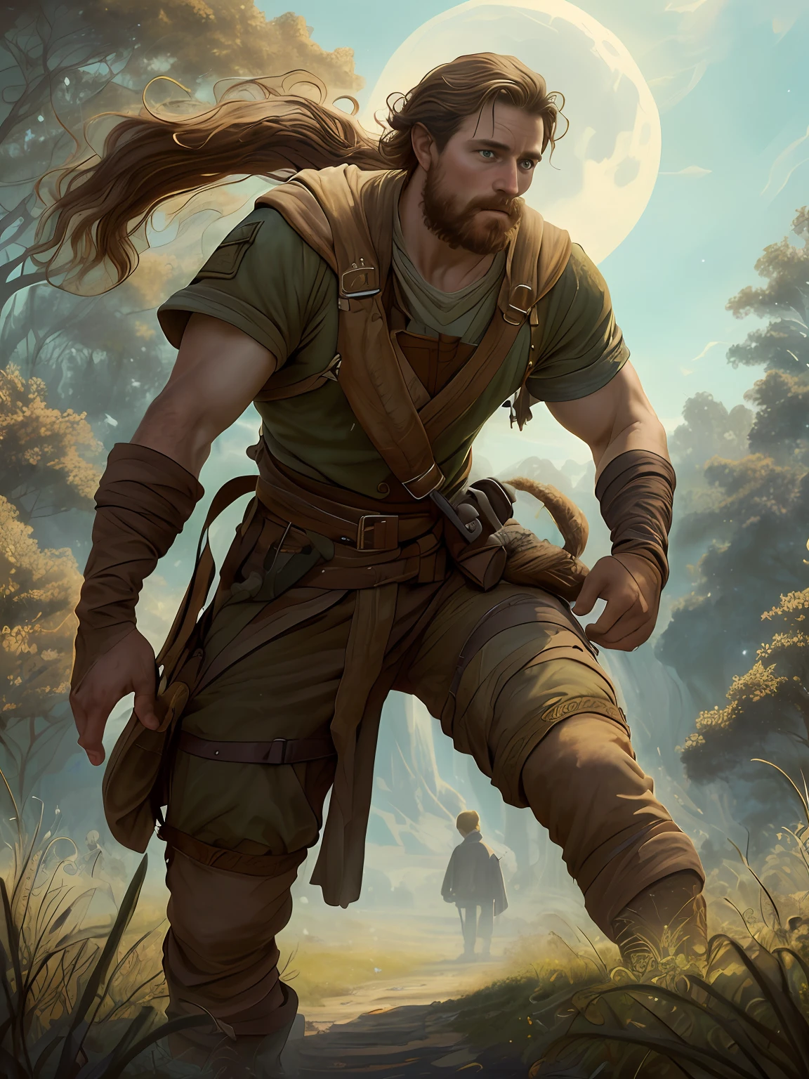 close up of 1 man, young, of irish descent, ranger walking through a fantasy village, a moonlit night, beautiful face, beautiful sky, (oil painting), classical art:0.4, detailed, intricate, (fantasy art), muted color:0.25, best quality, good anatomy, good composition, good proportions, good design, dynamic pose, good pose, realistic sky, realistic backgrounds, (cinematic), (highest quality, award winning, masterpiece:1.3), (art by Arthur Rackham:0.5), (((natural colors))), (photorealistic:1.4), ((empty hands, holding nothing)),