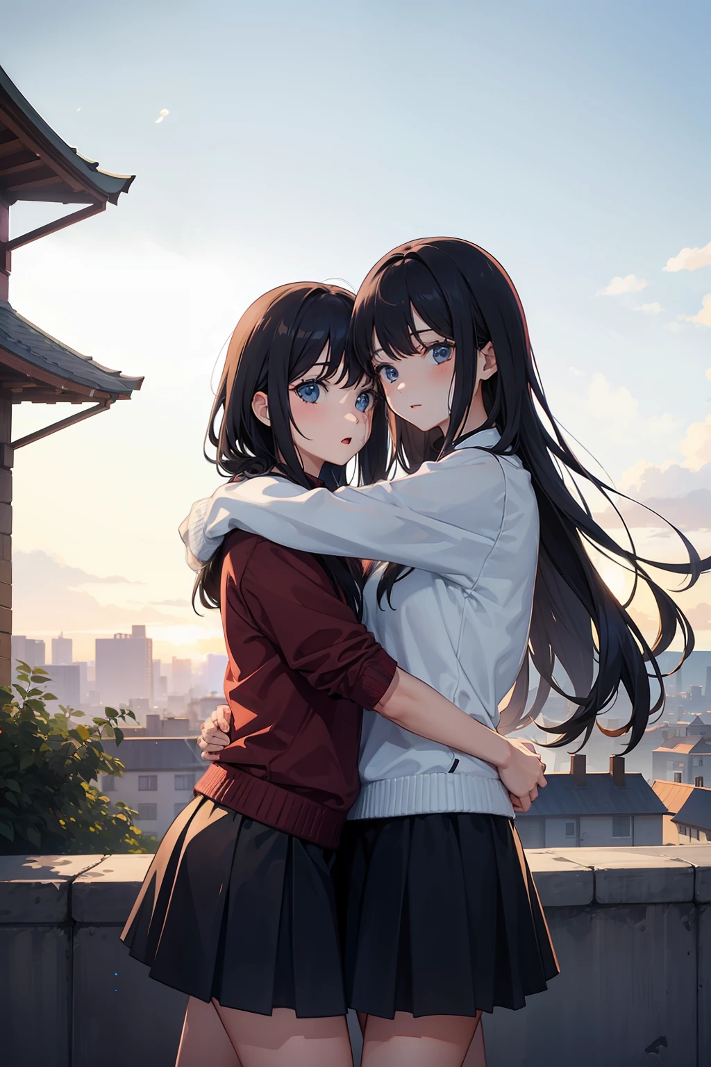 2 girls, casual outfit, hugging, town, aurora sky, bloom effects, best shader, long hair
