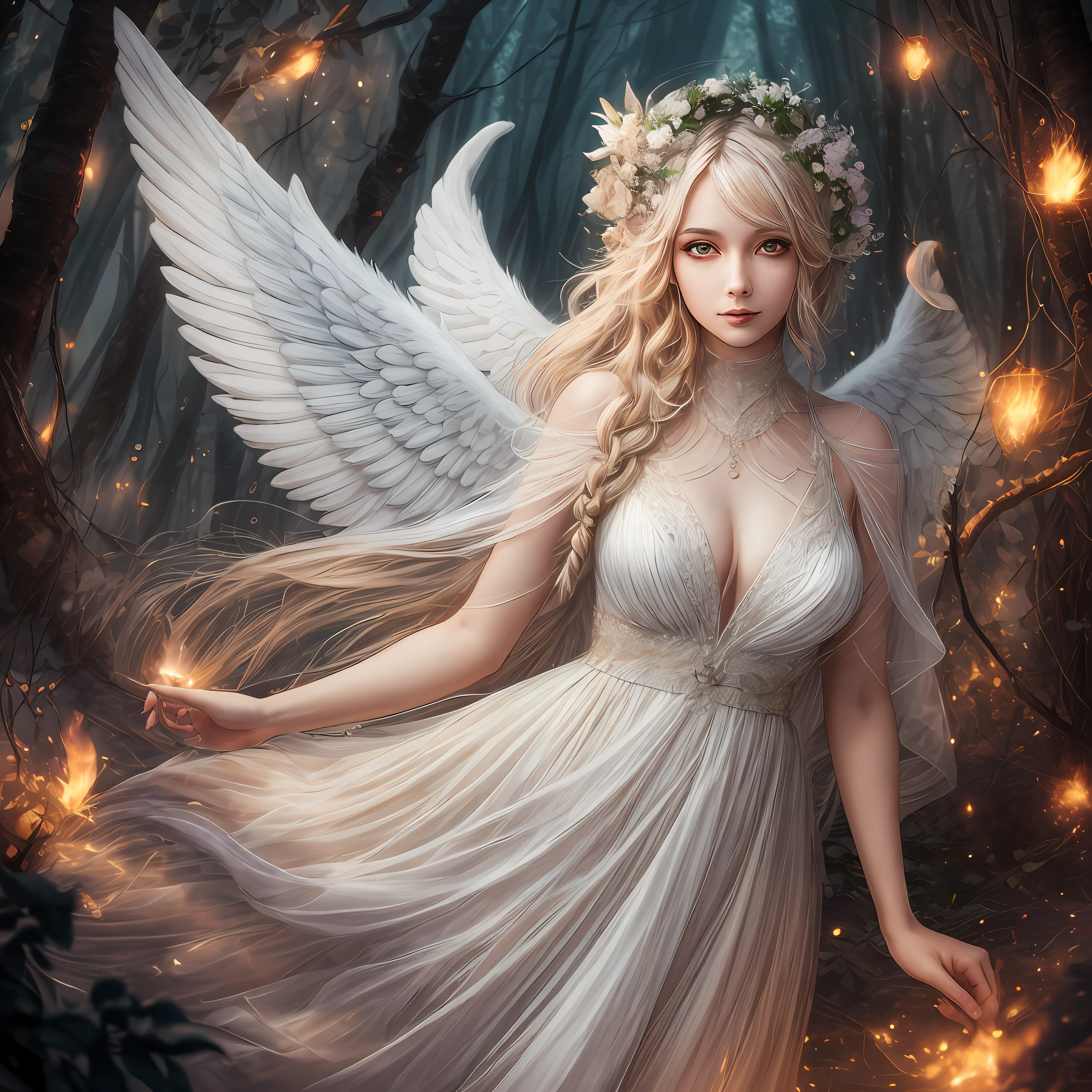 best quality, masterpiece, full body,
(adult:1.6) pretty woman with angelic face, (smirk:0.4), Lumineer,
braided fireluminensce hair,
sparkling eyes,
angelic dress, white synapticslightning,
 floating light particles, centered, surrounding by fog, in the dark forest, light by bioluminensce leaf forest,