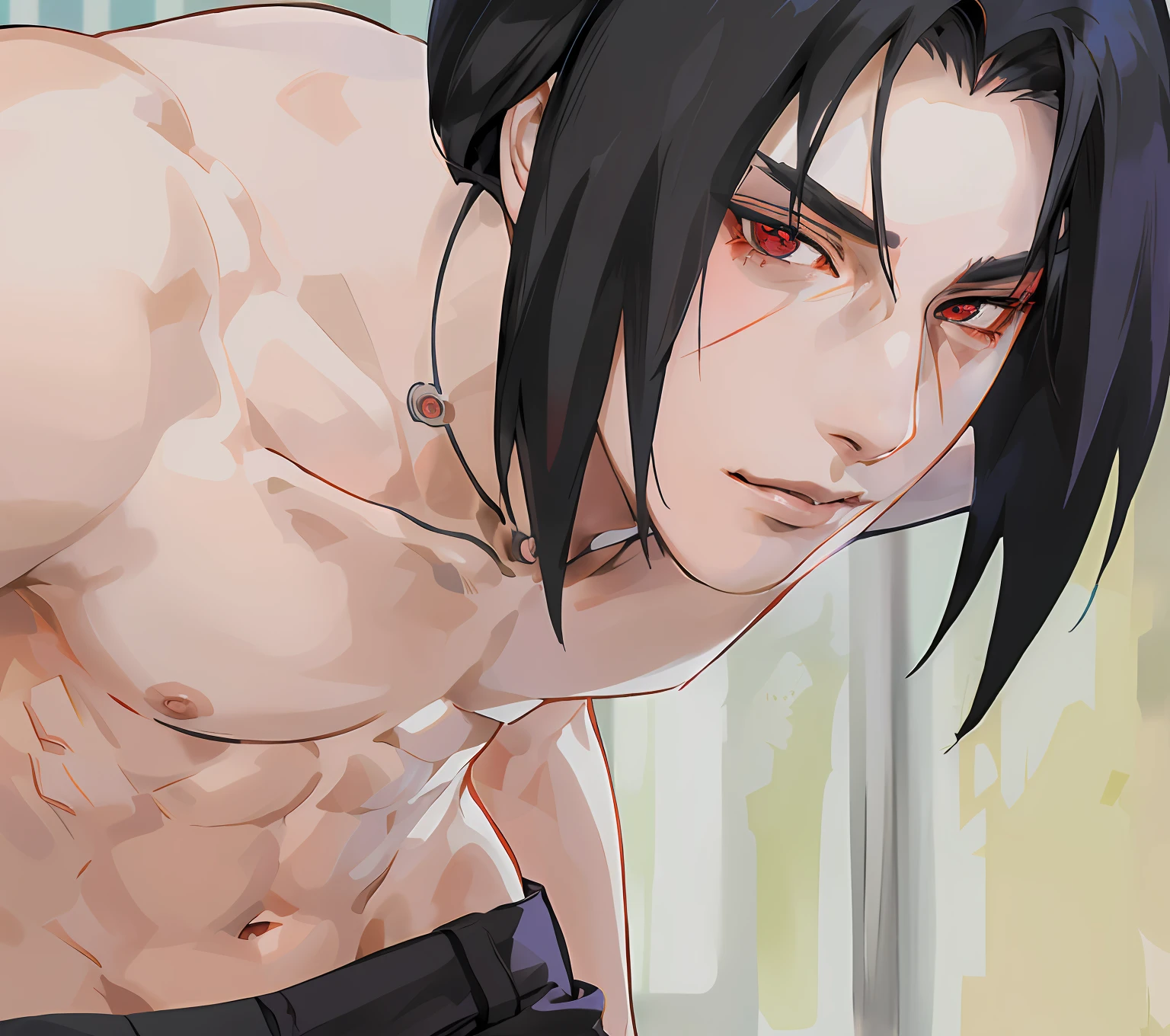Shirtless man leaning against camera, itachi uchiha, Itachi, Uchiha Itachi, (rosto detalhado), olhos vermelhos e detalhados, boca fechada com um pequeno sorriso sedutor.