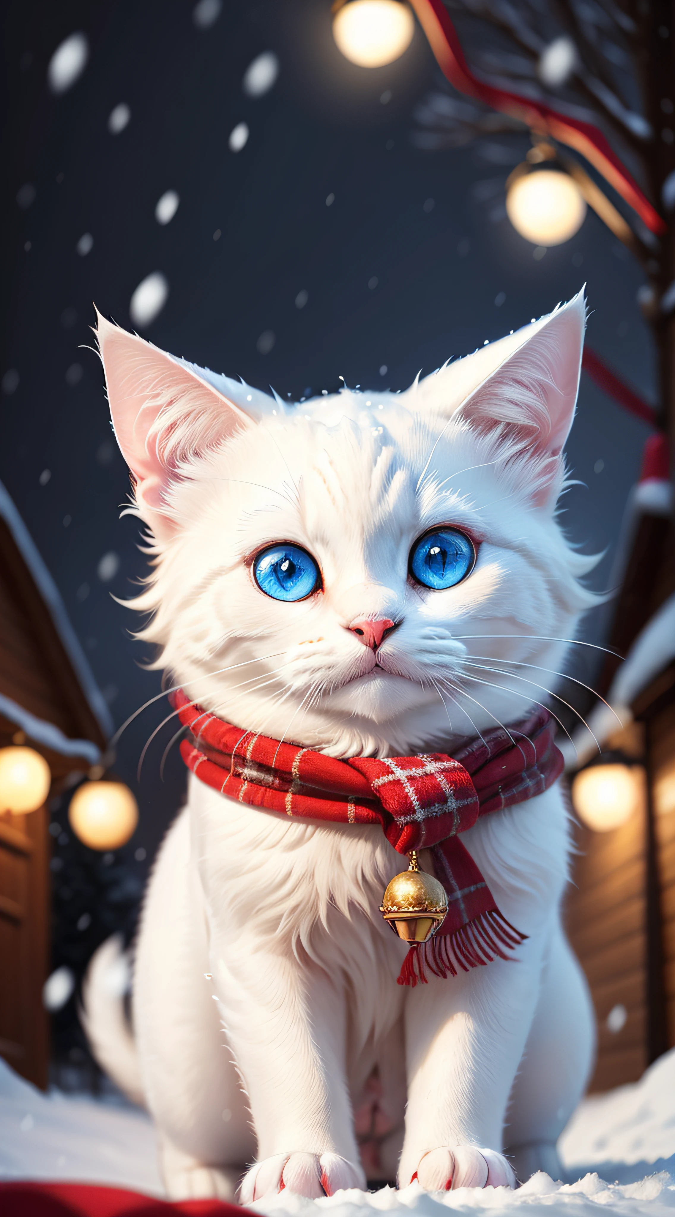 cute white furry cat, blue eyes, , strong colors, red light, christmas theme, christmas tree, bells, snow background, ((snowing)), touchy look, psychedelic