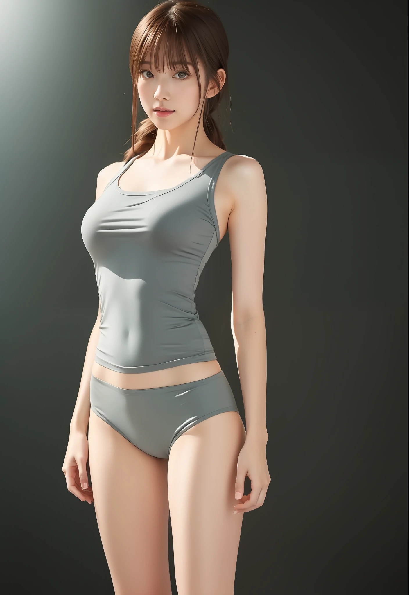 insanely beautiful girl, short messy brunette hair, ponytail, heterochromia brown and grey, minimal Yoga clothes, hourglass body, little smile, open-minded, yoga studio, Full body Beautiful anime style girl, sweat leggs, secypose, clean detailed faces, intracated clothing, analogous colors, glowing shadows, beautiful gradient, depth of field, clean image, high quality, high detail, high definition, Luminous Studio graphics engine, cute face, big braest, slim waist, nice hips,