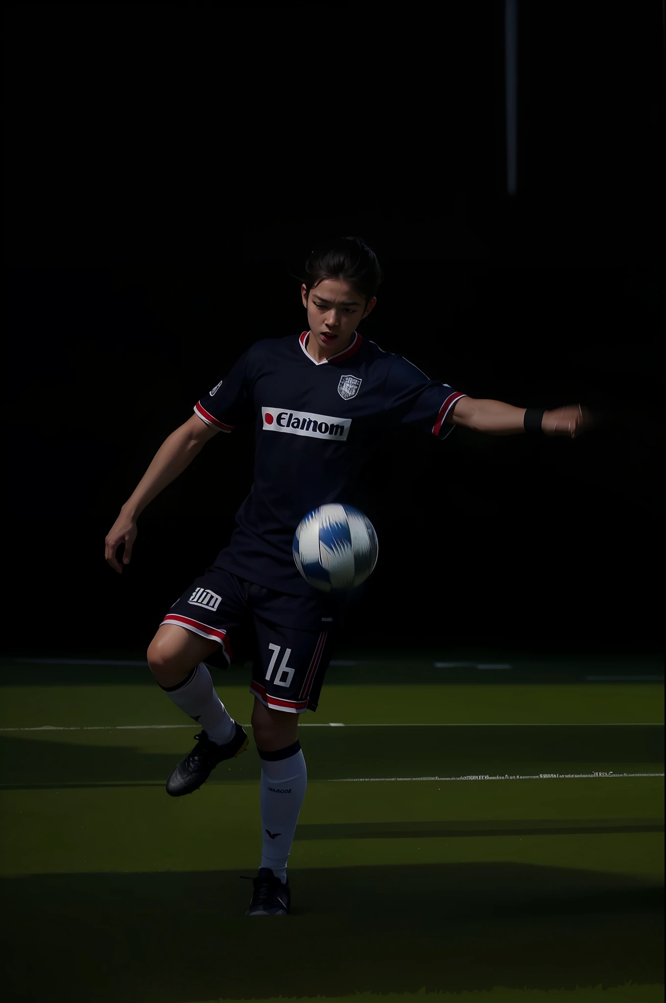 They play football on the pitch at night, taken with canon 8 0 d, action  shot, play soccer, best qualtiy， tmasterpiece， 超A high resolution， （realisticlying：1.5）， RAW photogr，in the darkness nigth， deep shading， low tune， cold light， short detailed hair，Black hair, surrealism, surrealism, Cinematic lighting, 8K, Super detail, High details, High quality, Award-Awarded, A high resolution, 16k, Anatomically correct, Textured skin