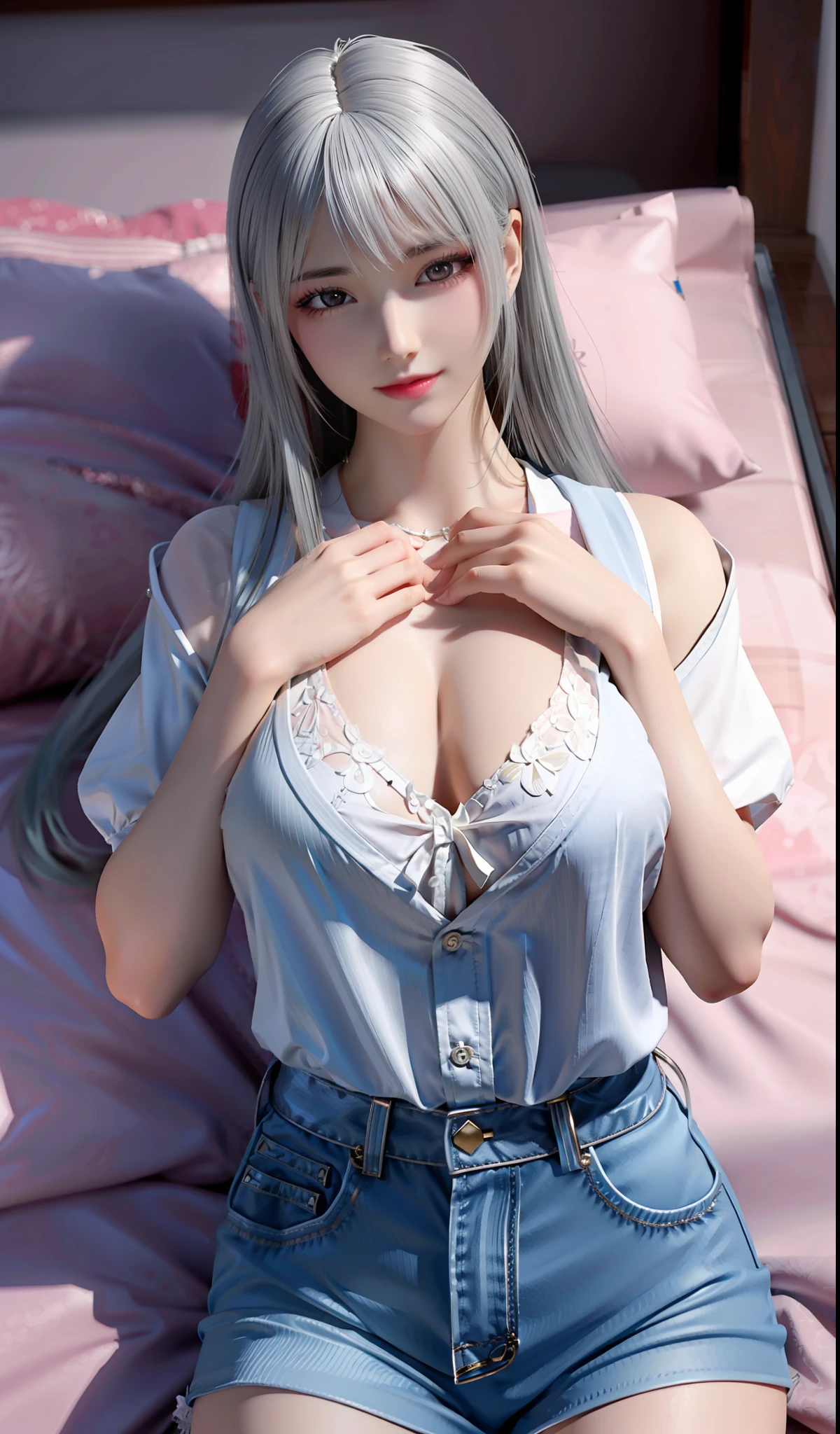 tmasterpiece，best qualtiy，offcial art，Highest high resolution，（A detailed：1.6），Sleeping girl，Stunning appearance，perfect bodies，Lie flat on the bed，Look at the sky，realisticlying，She wears denim shorts，Wear a transparent white vest，Breast enlargement，Silvery hair，独奏，3D，delicated，full bodyesbian