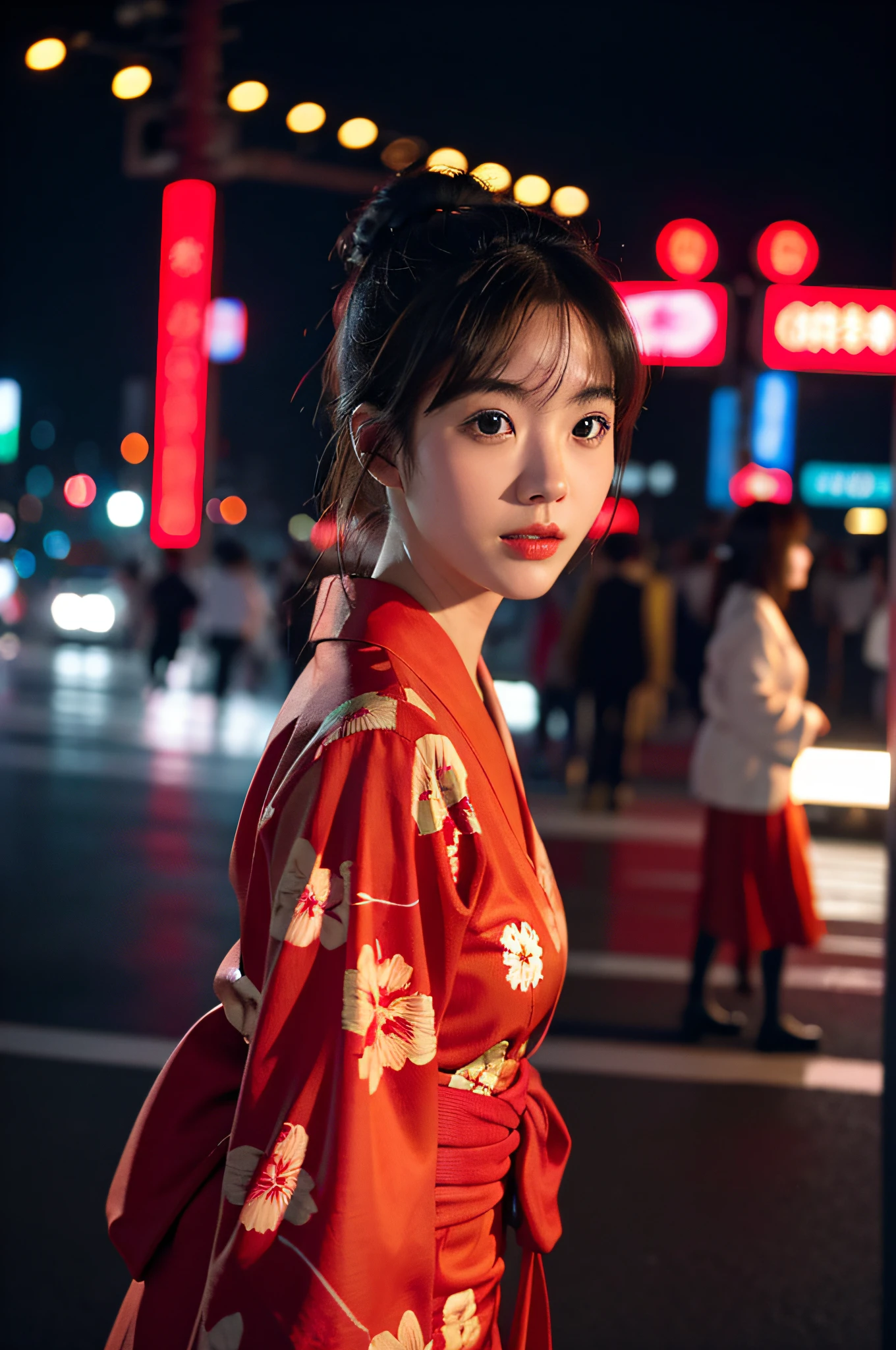 1girl、Streets of Tokyo、facing the front there、summer evening、A city scape、Red floral yukata 1.2、city light、The upper part of the body、a closeup、8k、RAW Photography、top-quality、​masterpiece、realisitic、Photorealsitic、