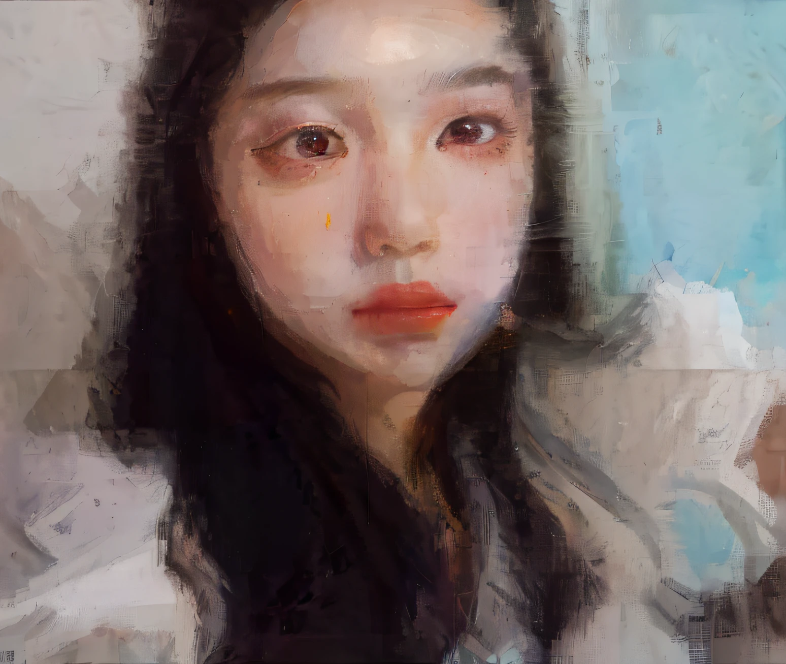Draw a woman in a white shirt and black hair, inspired by Yanjun Cheng, Guviz-style artwork, Guviz, digital oil on canvas, oil digital painting, digital oil painting,Thick coat,Plus messy draft lines,plethora of colors,Refine the details