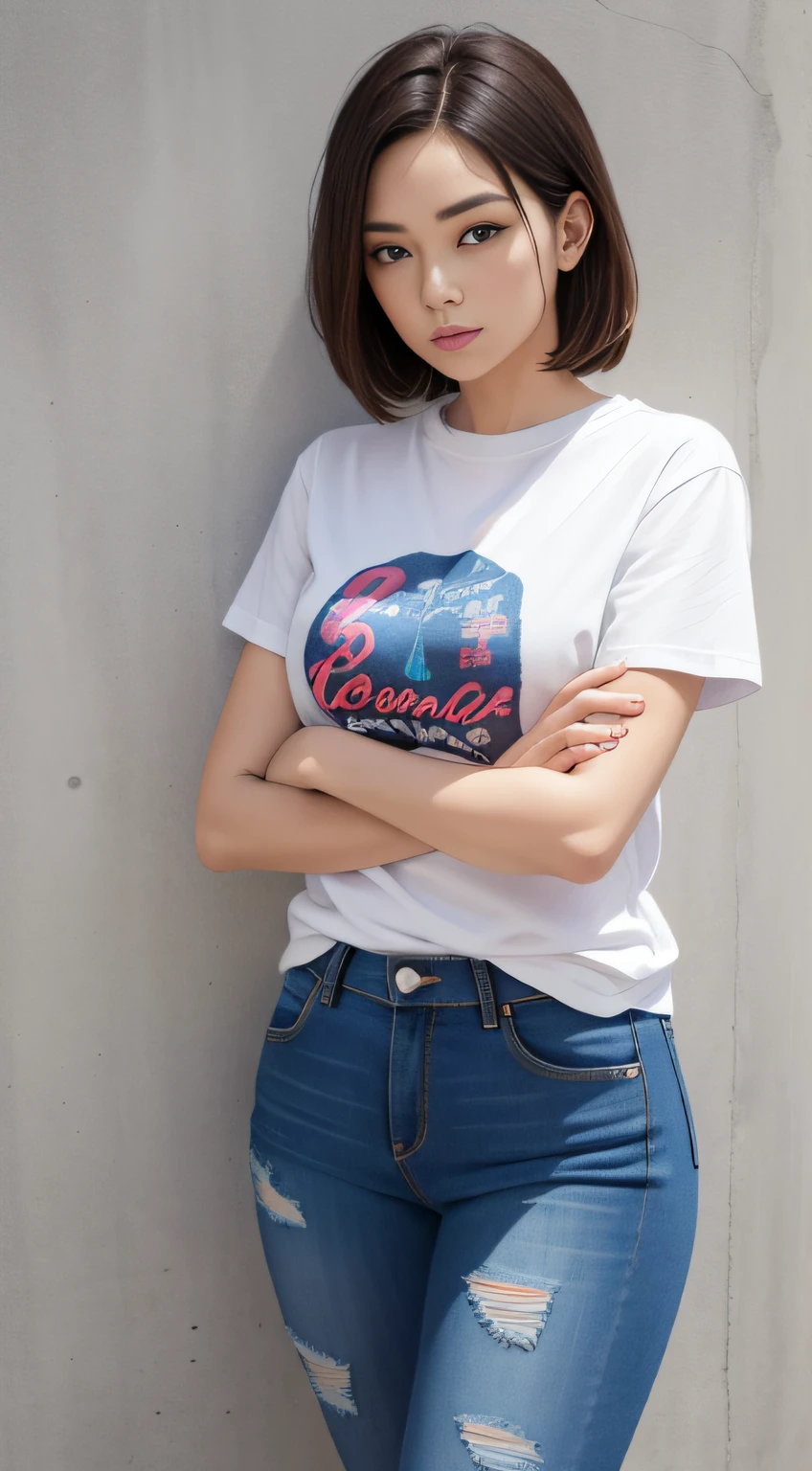 1 woman，tee shirt，denim pant，crossed arms