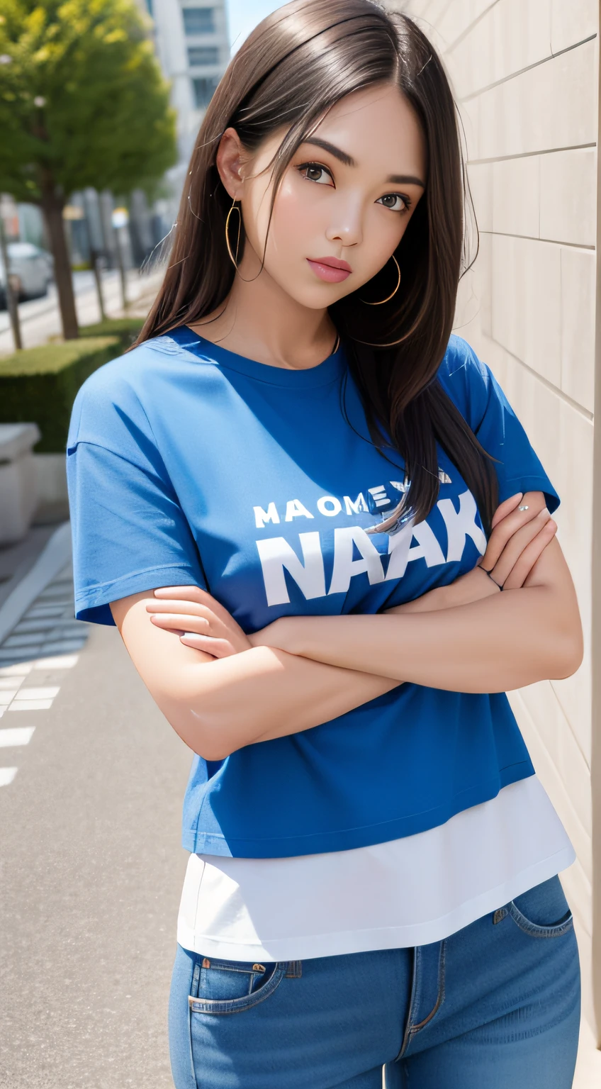 1 woman，tee shirt，denim pant，crossed arms