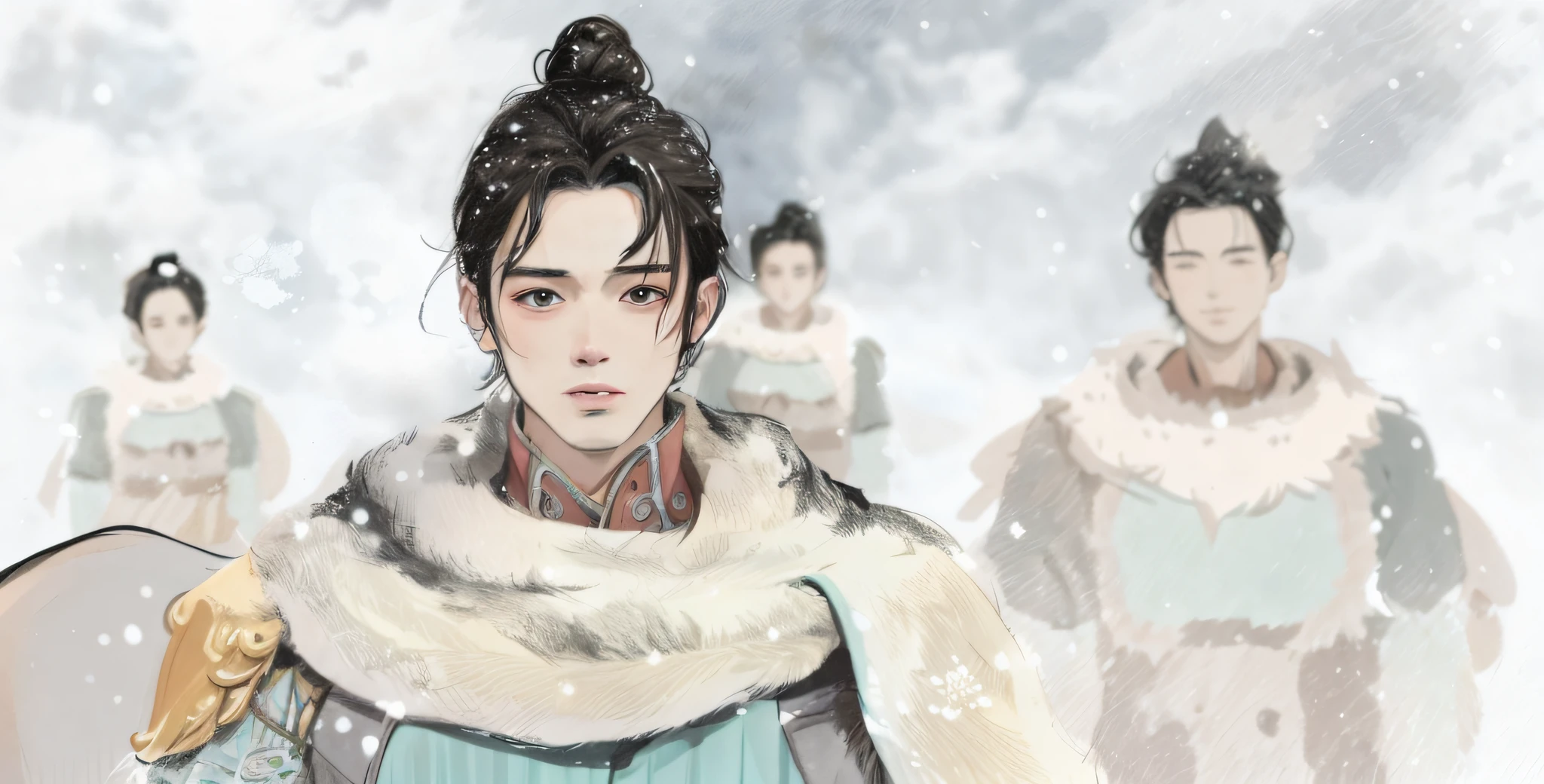 Anime characters in snowy landscapes with a man in a fur coat,There are 3 people wearing the same costume in the background