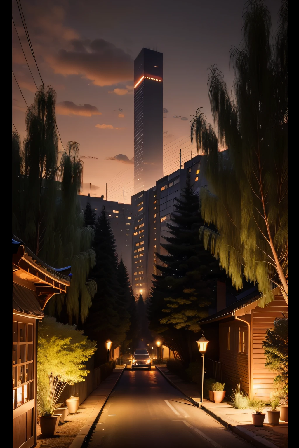deep in the night，a warm color palette，The picture is dim，Asphalt streets，The street lights under the willow trees on both sides of the road are dim，The streets are lined with tall willow trees，The house looms behind the trees，wide composition，Concrete structure，Trees can be large and small，Chinese streets，High street lights，police cars，The sky is darkly lit