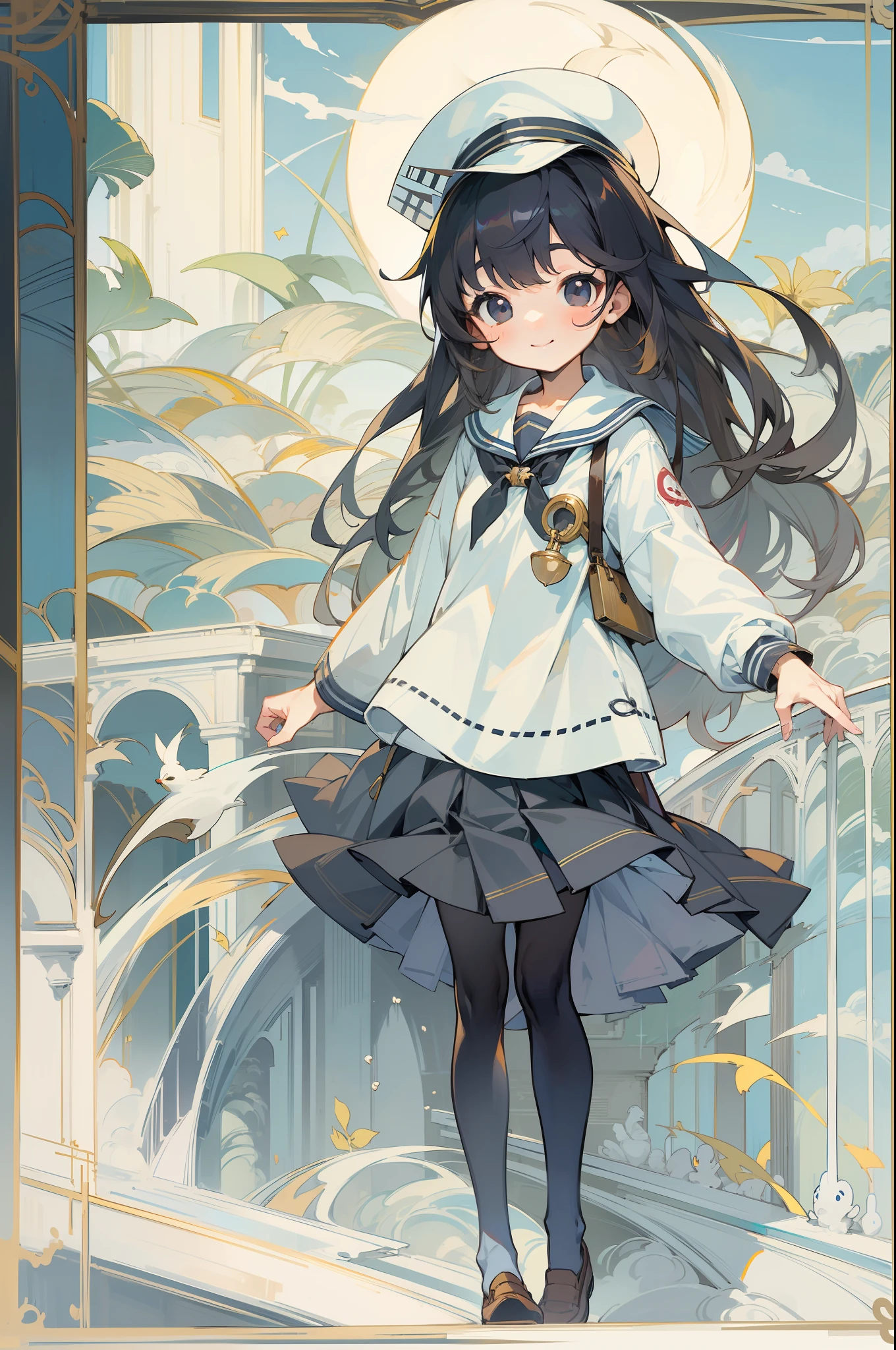 masterpiece、Top image quality、独奏、Well-formed face、Black eyes、cute little、a smile、childish、Longhaire、White sailor suit、a short skirt、Anime style、elementary student