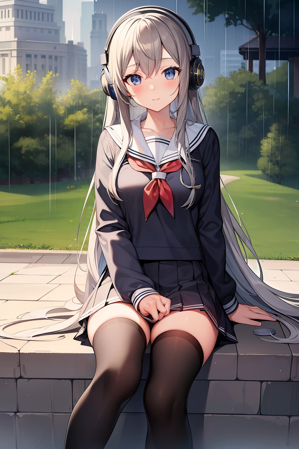 masterpiece, best quality, in spring, rainy days, the top of the hill, girl, mature, student, long hair, grey hair, sailor suite, school uniform, seifuku, black kneehighs, shoes , headphones,