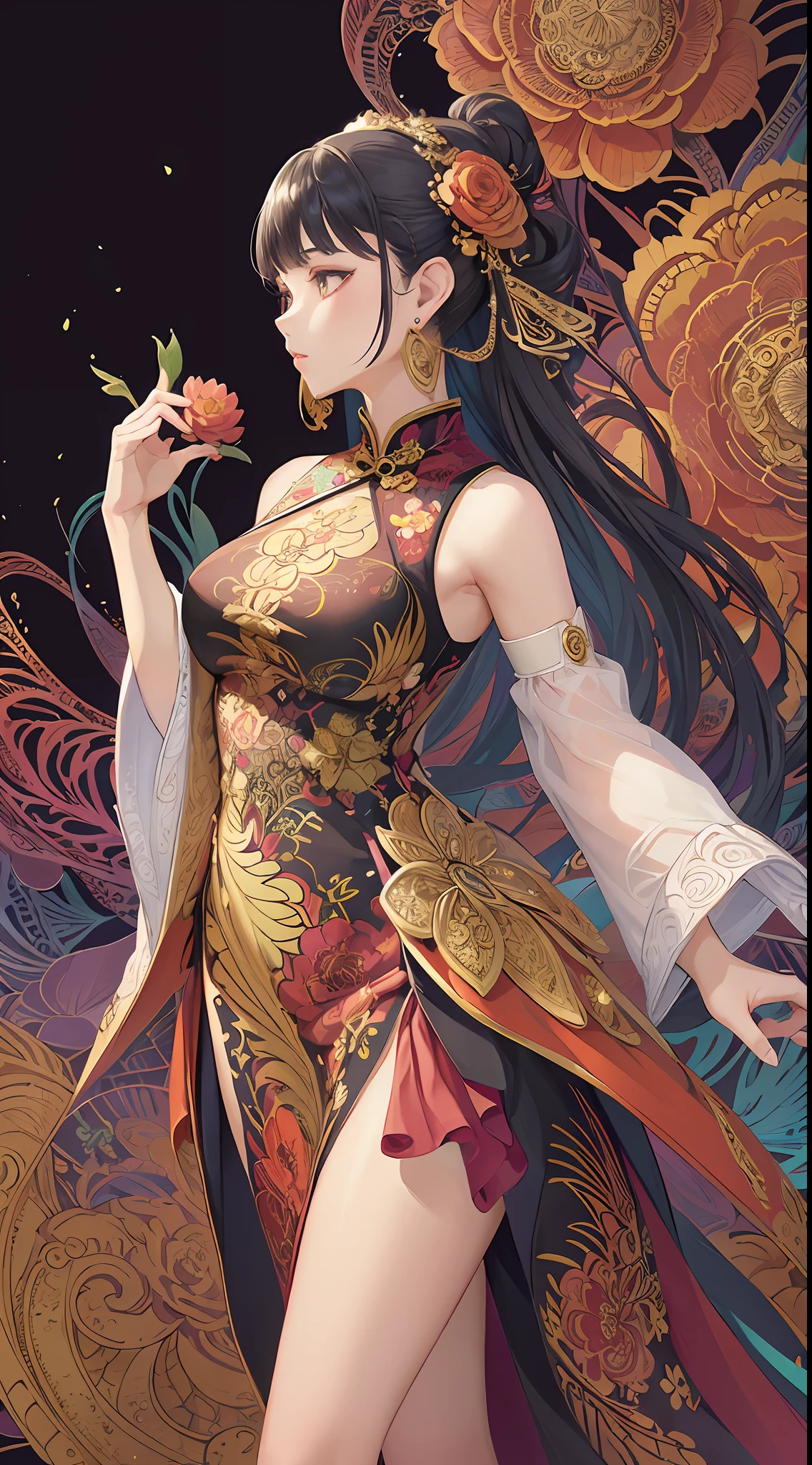 (masterpiece, top quality, best quality, official art, beautiful and aesthetic:1.2), (1girl:1.3), extremely detailed,(fractal art:1.1),(colorful:1.1)(flowers:1.3),highest detailed,(zentangle:1.2), (dynamic pose), (abstract background:1.3), (chinese dress:1.2), (shiny skin), (many colors:1.4), ,(earrings:1.4),