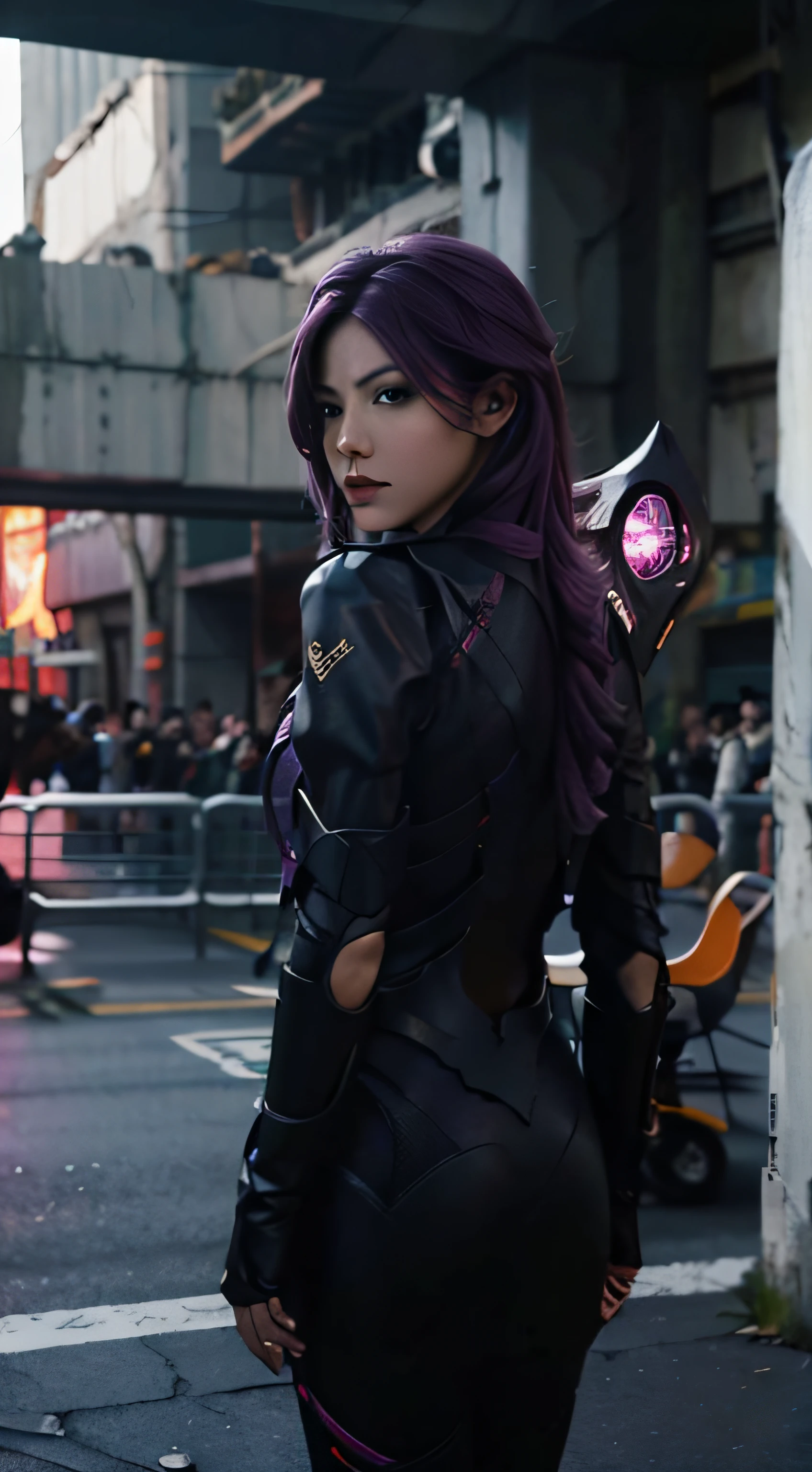 1girl, kai'sa, league of legends, kasa, purple wings, deep purple hair, purple eyes, serious expression, intense glare, looking at the audience, from behind, (dynamic pose), (void wings), weapons, masterpiece, extremely detailed CG Unity 8k wallpaper, best quality, 32k, focus clear, cybercity, neon sign, aperture, void field