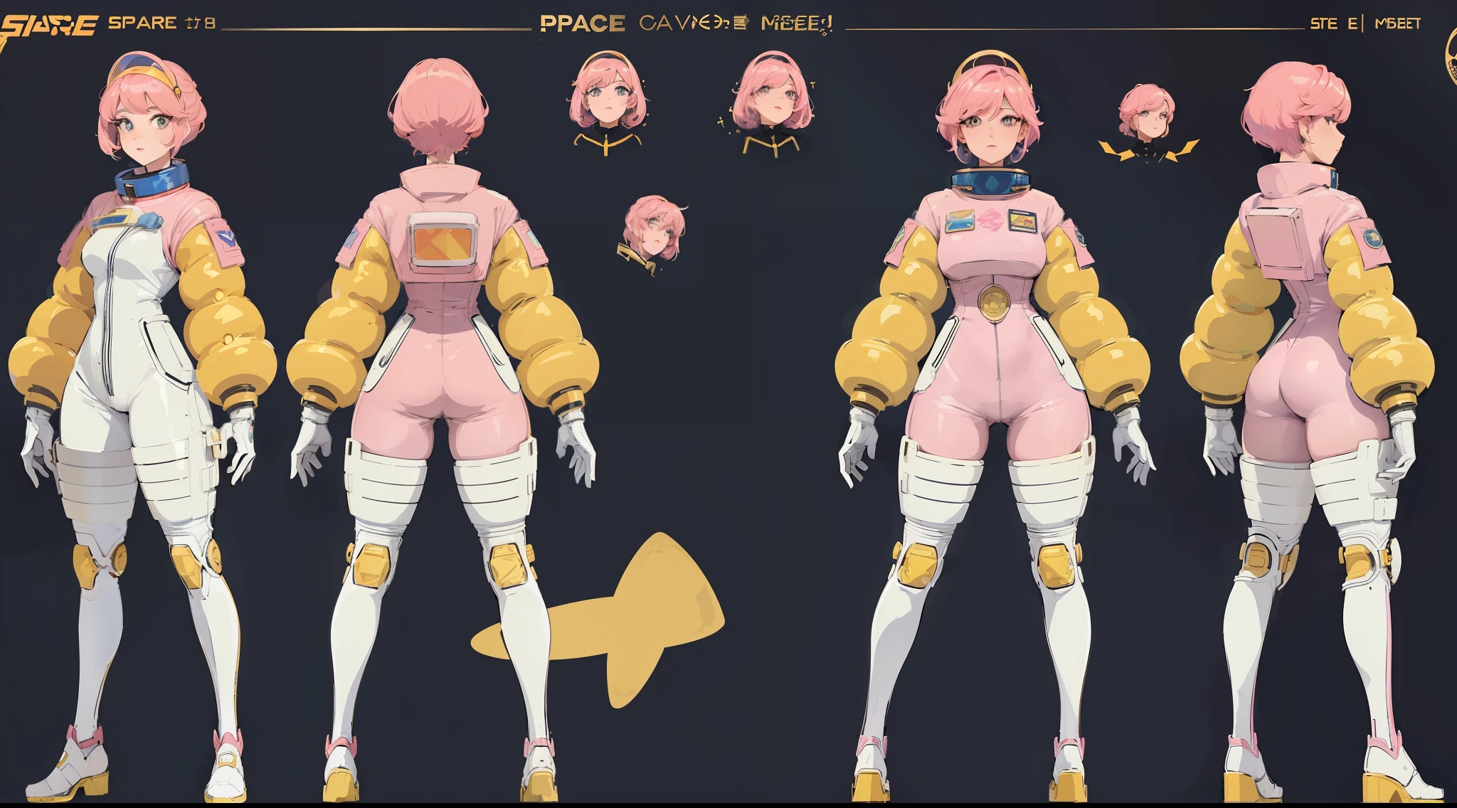 woman space cadet named Anne-Marie, short pink hair, fullbody, ((golden art deco space suit)), (((character sheet))), character details, character items, (many items), ((many details)), dark-blue background, different angles, different character poses