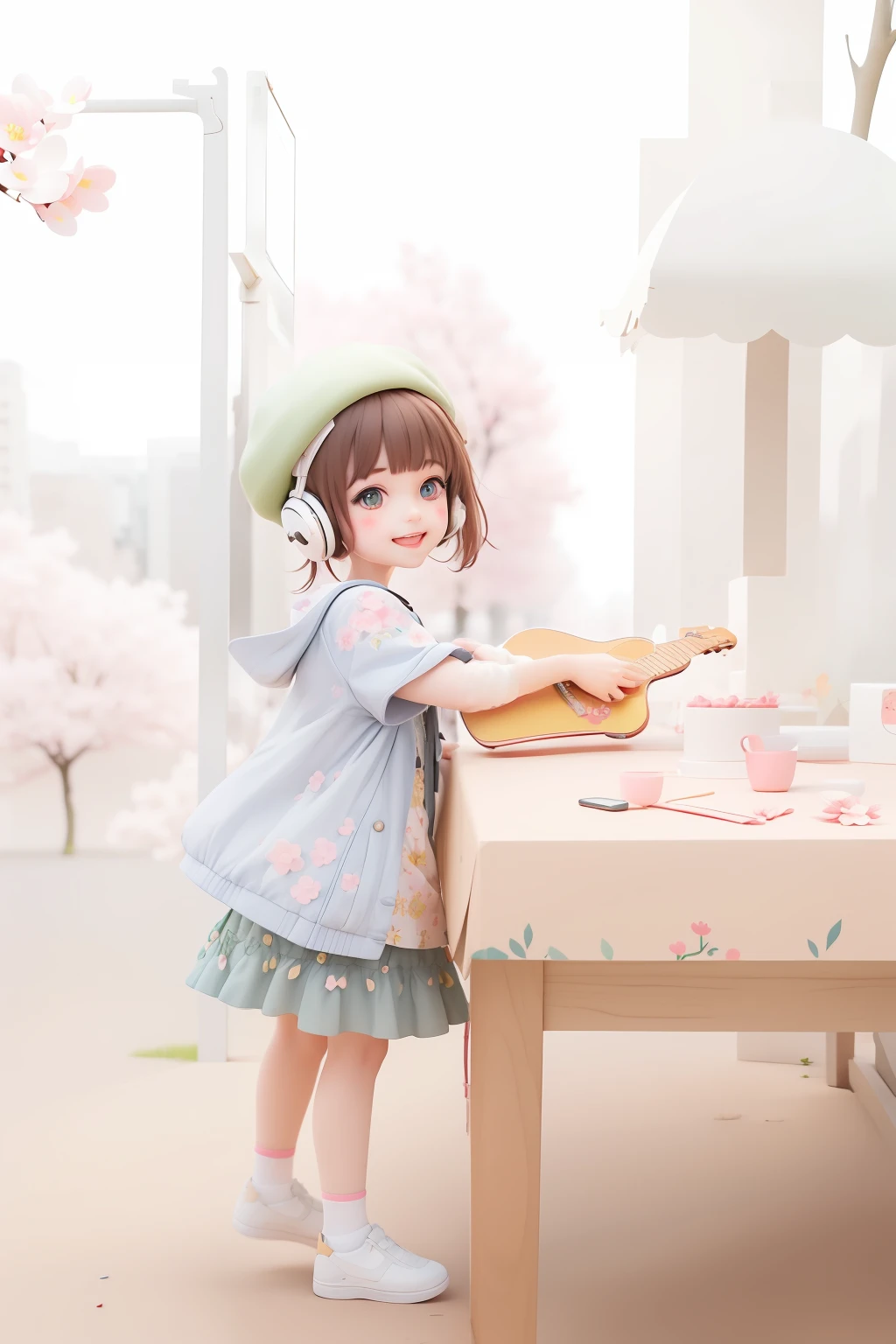 (masterpiece),(best quality),(ultra-detailed), (full body:1.2), 1girl,chibi,cute, smile, open mouth, flower, outdoors, playing guitar, music, beret, holding guitar, jacket, blush, tree, :3, shirt, short hair, cherry blossoms, green headwear, blurry, brown hair, blush stickers, long sleeves, bangs, headphones, black hair, pink flower, (beautiful detailed face), (beautiful detailed eyes),