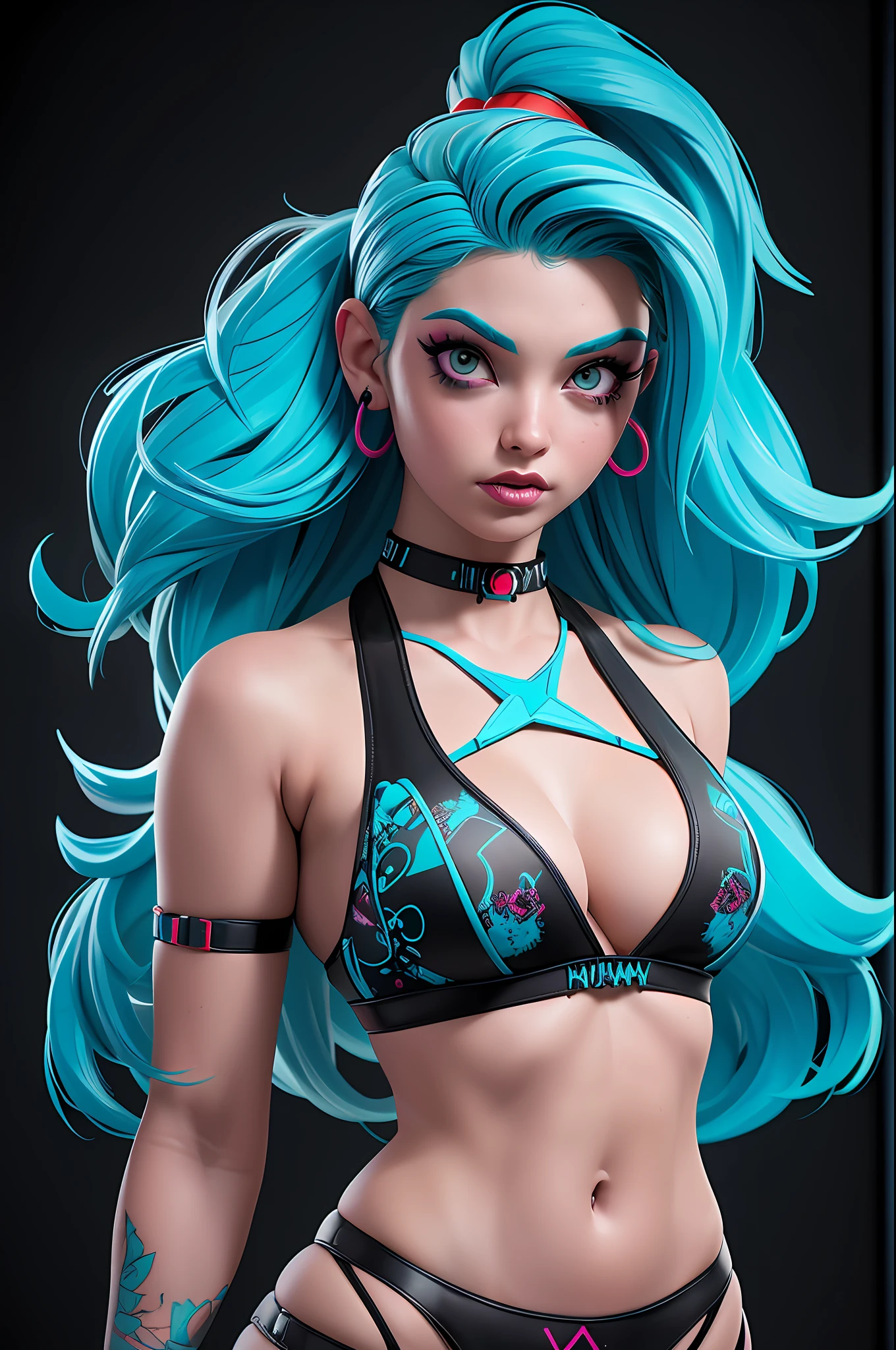 ((Best Quality)), ((Masterpiece)), ((Realistic)) and ultra-detailed photography of a 1nerdy girl with goth and neon colors. She has ((turquoise hair)), wears a (tech-wear top) and a (black thong, red pattern:1.2) , ((beautiful and aesthetic)), sexy, under-boobs, hot