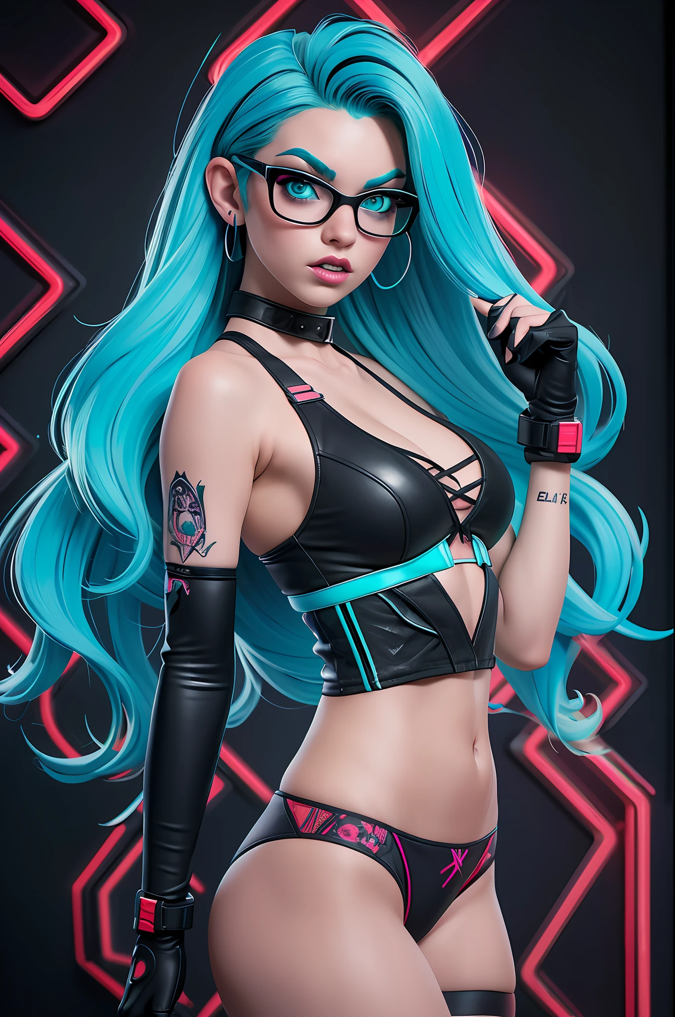 ((Best Quality)), ((Masterpiece)), ((Realistic)) and ultra-detailed photography of a 1nerdy girl with goth and neon colors. She has ((turquoise hair)), wears a (tech-wear top) and a (black thong, red pattern:1.2) , ((beautiful and aesthetic)), sexy, under-boobs, hot