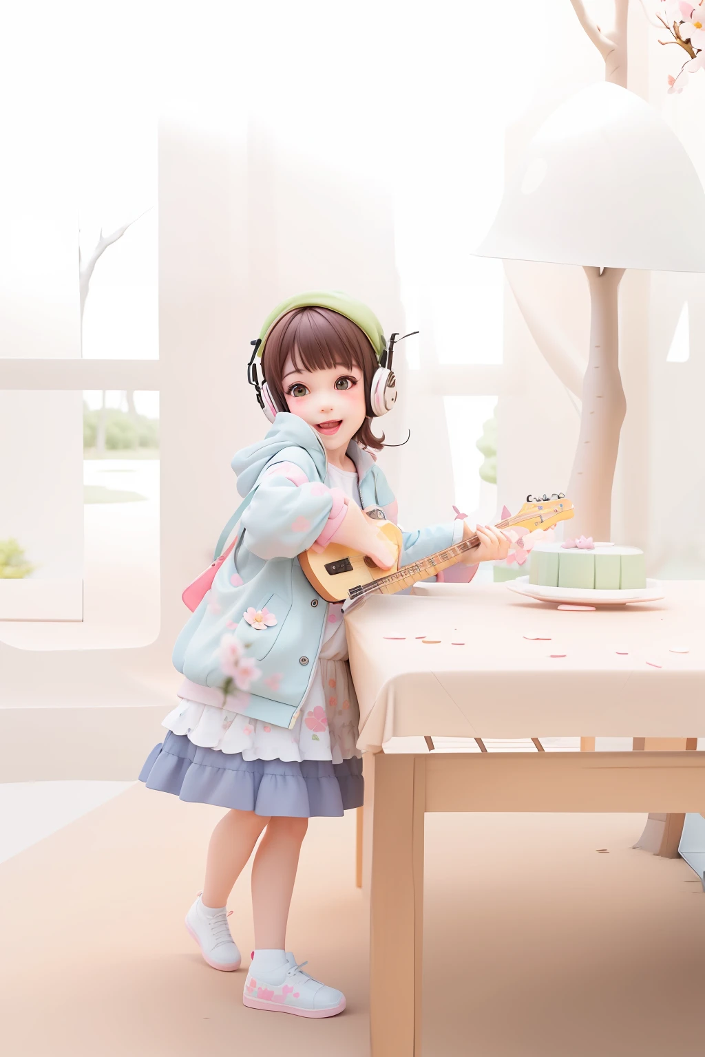 (masterpiece),(best quality),(ultra-detailed), (full body:1.2), 1girl,chibi,cute, smile, open mouth, flower, outdoors, playing guitar, music, beret, holding guitar, jacket, blush, tree, :3, shirt, short hair, cherry blossoms, green headwear, blurry, brown hair, blush stickers, long sleeves, bangs, headphones, black hair, pink flower, (beautiful detailed face), (beautiful detailed eyes),