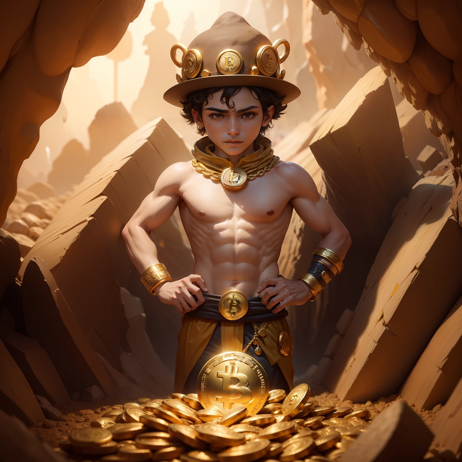 Duende minerando moeda de Bitcoin,picareta ouro,caverna ametista,bits caindo de cima para baixo,ouro Bitcoin, colar de Bitcoin,