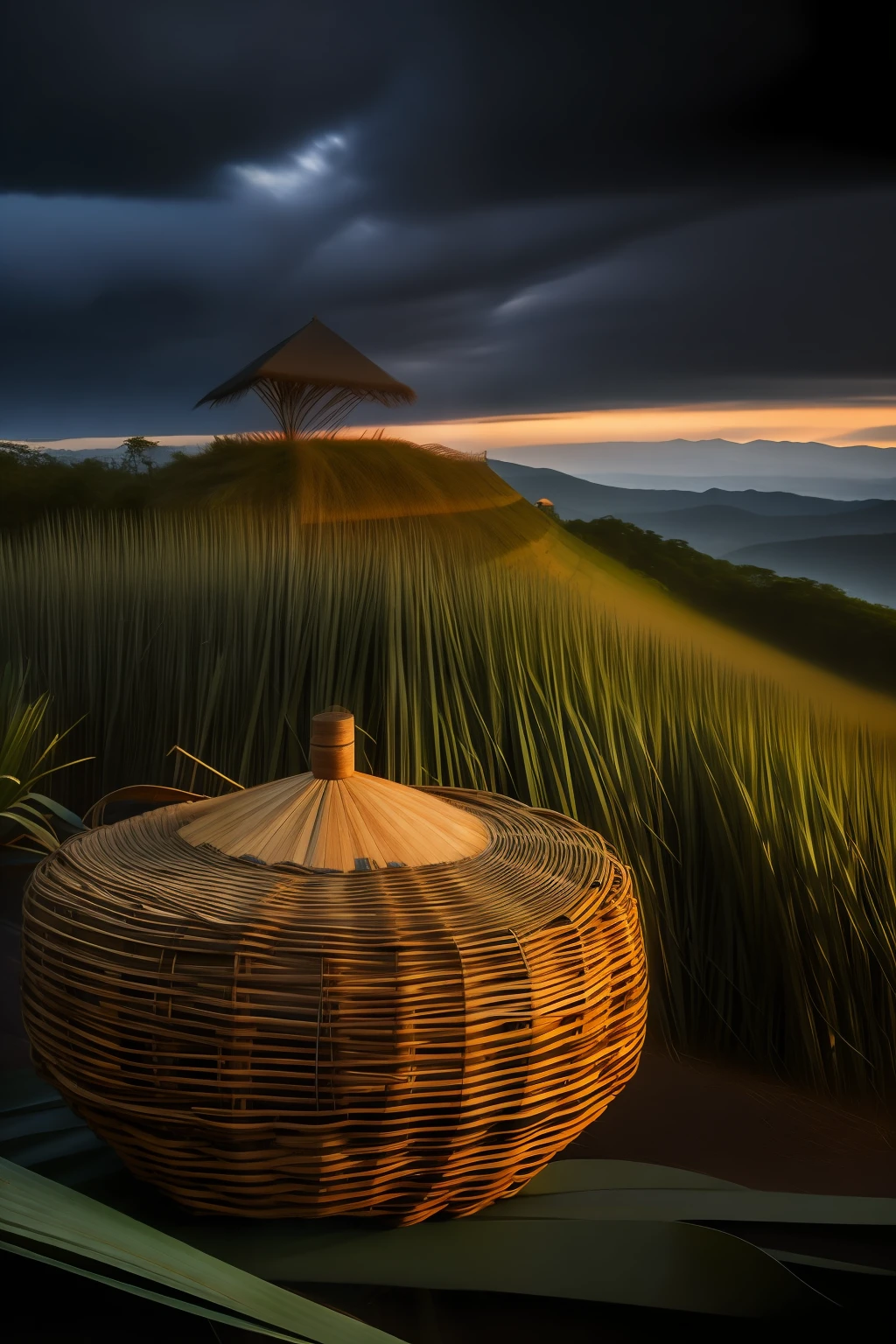 Uma cesta feita em palha e bambu em cima de uma mesa (hiper-realismo :1.3), (fotorrealista, 8k, uhd: 1.3), (hiper detalhado :1.2), fotografia de estudio com tecnica chiaroscuro