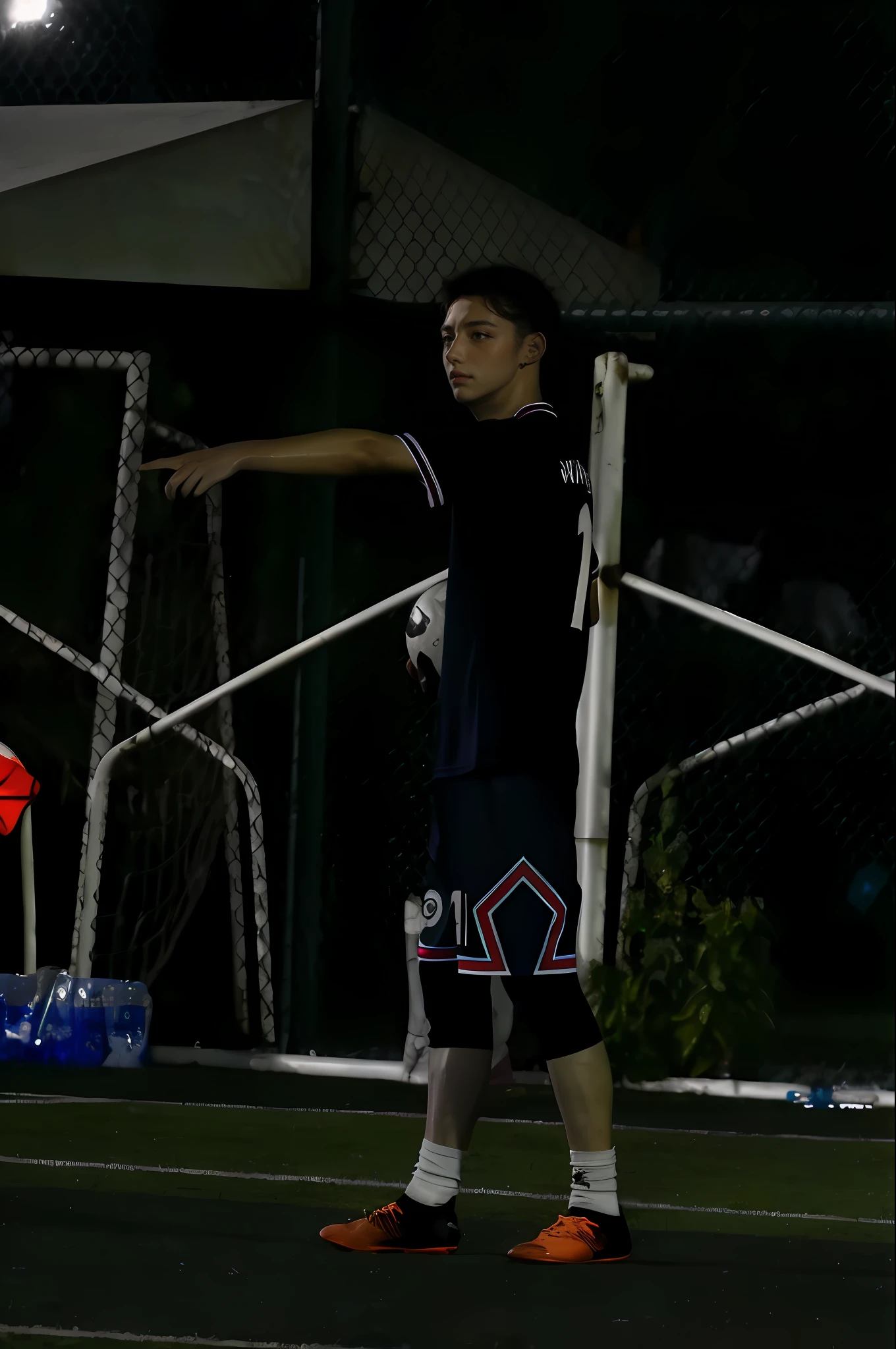 They play football on the pitch at night, taken with canon 8 0 d, action  shot, play soccer, best qualtiy， tmasterpiece， 超A high resolution， （realisticlying：1.5）， RAW photogr，in the darkness nigth， deep shading， low tune， cold light， short detailed hair，Black hair, surrealism, surrealism, Cinematic lighting, 8K, Super detail, High details, High quality, Award-Awarded, A high resolution, 16k, Anatomically correct, Textured skin