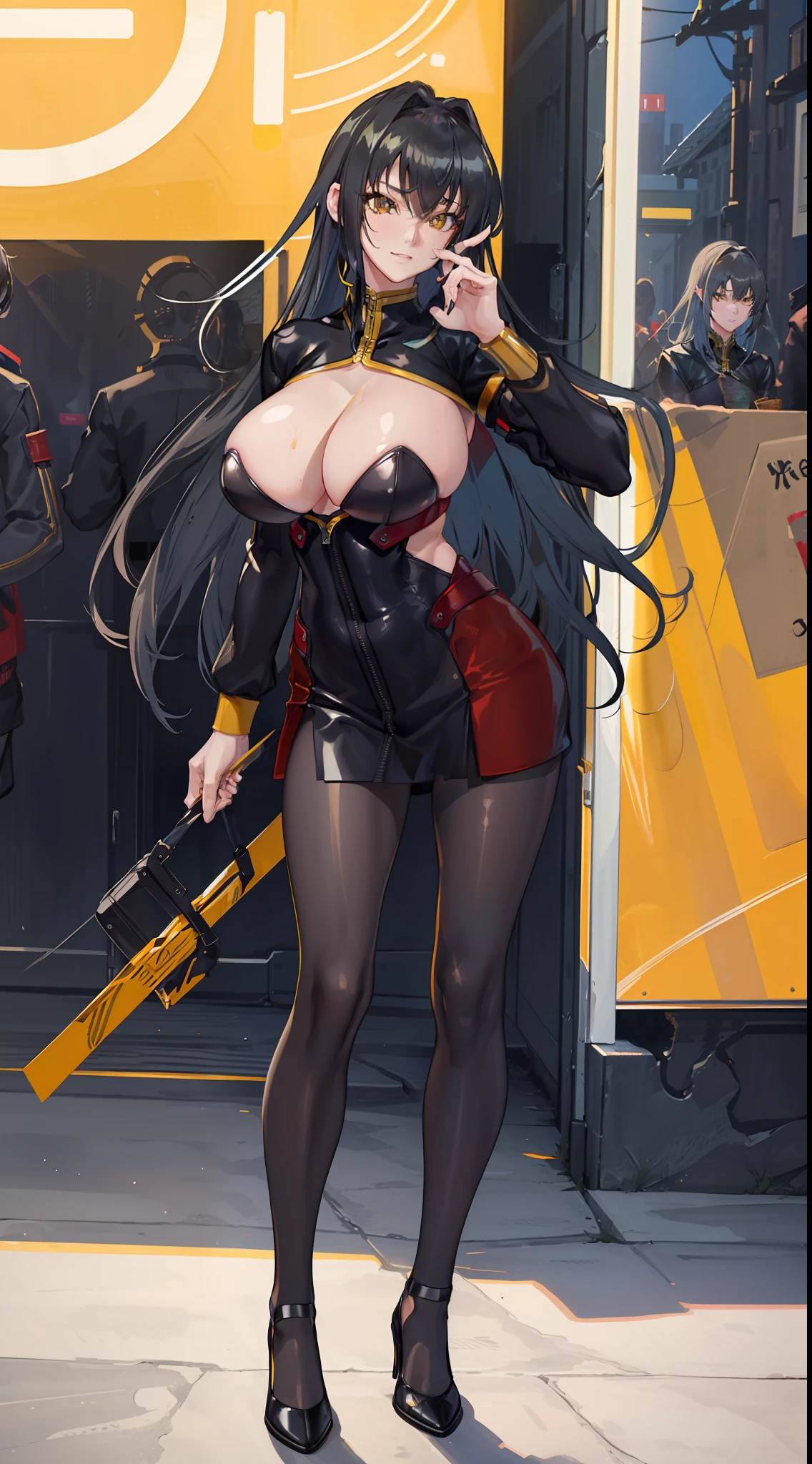 professional artwork, Intricate Details, field of view, sharp focus, detailed painting, photorealistic lighting, trending on pixiv, Standing at attention, black outfit ,yellow collared shirt,black and red bodysuit,skin_tight,black legwear, black pantyhose, Side_boob, black hair,very long hair, Bangs,yellow eyes,makeup, lipstick, 20yo,mature female,Beautiful Finger,Beautiful long legs,Beautiful body,Beautiful Nose,Beautiful character design, perfect eyes, perfect face, looking at viewer,official art,extremely detailed CG unreal engine 8k wallpaper, perfect lighting,Colorful, Bright_Front_face_Lighting, (masterpiece:1.0),(best_quality:1.0), ultra high res,4K,ultra-detailed, photography, 8K, HDR, highres, absurdres:1.2, Kodak portra 400, film grain, blurry background, (Beautiful,large_Breasts:1.4), (beautiful_face:1.5),(narrow_waist), (solo:1.4), ((landscape dimension)), rich detailed makeup, rich detailed eyeshadow, rich detailed lips, rich detailed lipstick, beautiful detail eyes