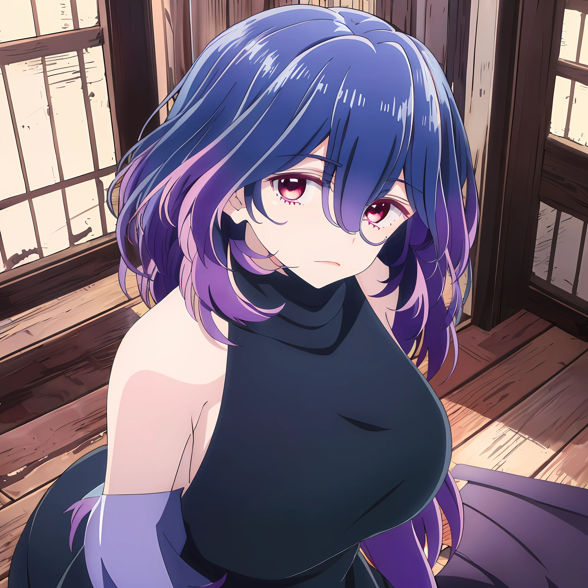 modelshoot style, (masterpiece:1.3), (absurdres:1.3), (best quality:1.3), (8K), (large masterpiece digital art), (detailed manga illustration), (handled hair), perfect anatomy, (intricate details:1.3), (ultra-detailed:1.3), (illustration:1.3), (sharp focus:1.3), (vivid colors:1.3), (1girl), (solo), Vermeil, kinsou no vermeil, (short hair:1), hair between eyes, multicolored hair, (two-tone hair, pink hair, black hair), purple eyes, leaning forward viewer, pov, thighs, sitting, virgin killer sweater, purple sweater, backless outfit, indoors, wooden floor, heart_cleavage_cutout