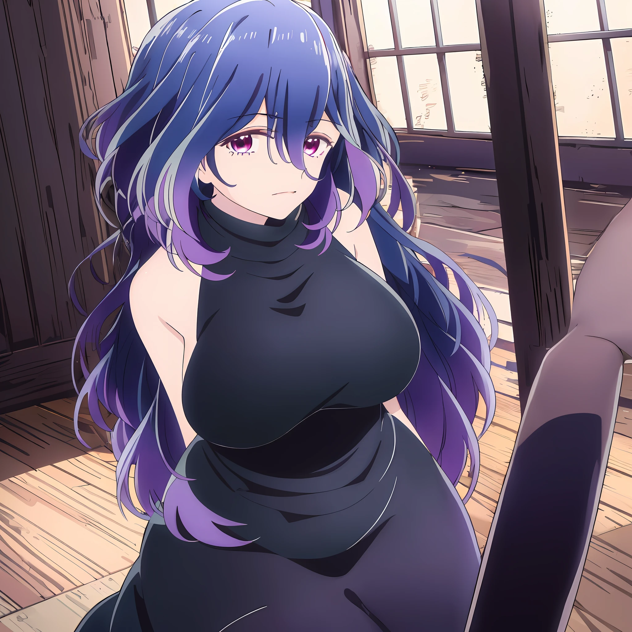 modelshoot style, (masterpiece:1.3), (absurdres:1.3), (best quality:1.3), (8K), (large masterpiece digital art), (detailed manga illustration), (handled hair), perfect anatomy, (intricate details:1.3), (ultra-detailed:1.3), (illustration:1.3), (sharp focus:1.3), (vivid colors:1.3), (1girl), (solo), Vermeil, kinsou no vermeil, (short hair:1), hair between eyes, multicolored hair, (two-tone hair, pink hair, black hair), purple eyes, leaning forward viewer, pov, thighs, sitting, virgin killer sweater, purple sweater, backless outfit, indoors, wooden floor, heart_cleavage_cutout