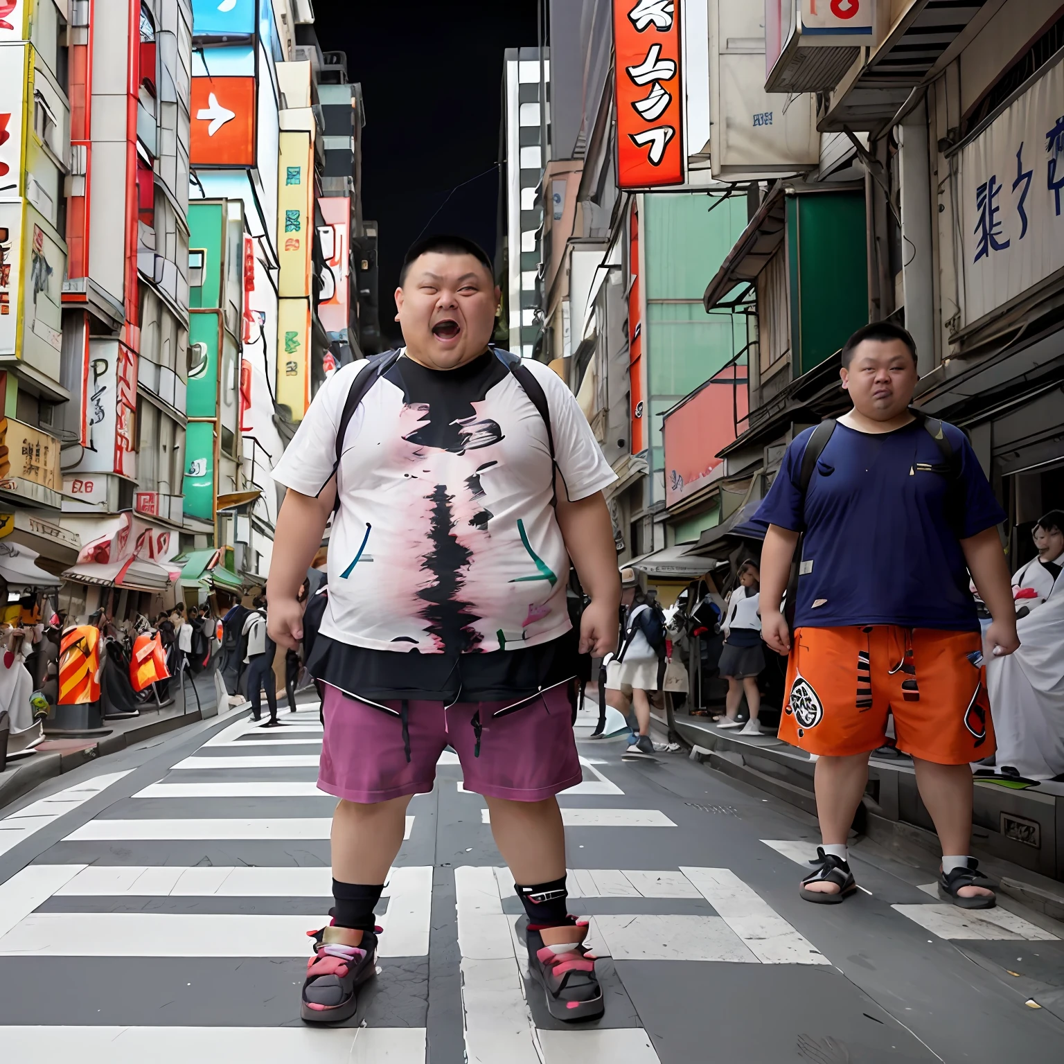 fat, whoami,Capture the unique scene of a stereotypical anime otaku in Akihabara, The otaku should be hyper-realistic, with a high level of detail and resolution,The focus should be on the otaku, dressed in casual attire, perhaps with anime merchandise and a backpack full of manga,The lighting should be bright and colorful, reflecting the vibrant lights of Akihabara, The colors should be vibrant and varied, with the otaku's outfit contrasting with the colorful background of Akihabara,The composition should be a mid-shot, capturing the otaku and the bustling Akihabara scene in sharp detail. Use a high-quality camera with a fast shutter speed to capture the moment,