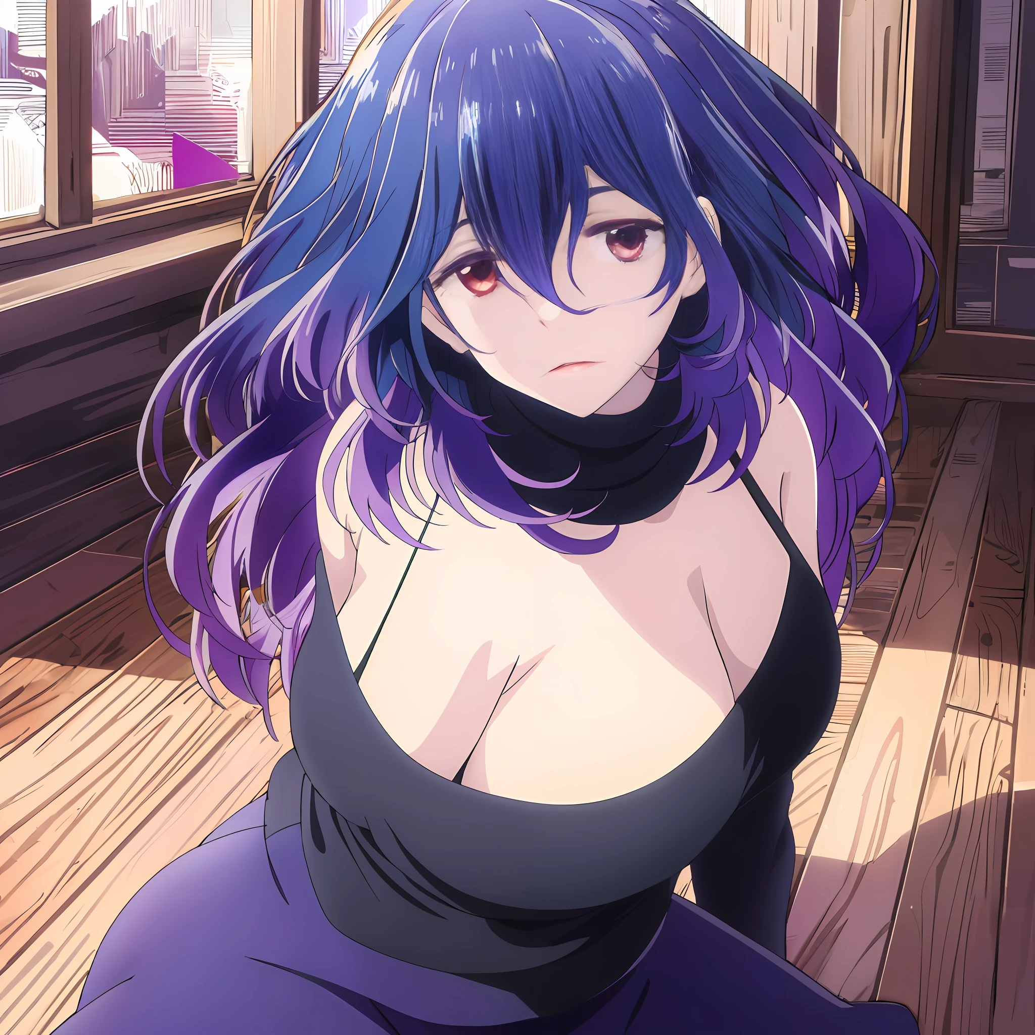 modelshoot style, (masterpiece:1.3), (absurdres:1.3), (best quality:1.3), (8K), (large masterpiece digital art), (detailed manga illustration), (handled hair), perfect anatomy, (intricate details:1.3), (ultra-detailed:1.3), (illustration:1.3), (sharp focus:1.3), (vivid colors:1.3), (1girl), (solo), Vermeil, kinsou no vermeil, (short hair:1), hair between eyes, multicolored hair, (two-tone hair, pink hair, black hair), purple eyes, leaning forward viewer, pov, thighs, sitting,  virgin killer sweater, purple sweater, backless outfit, indoors, wooden floor, heart_cleavage_cutout