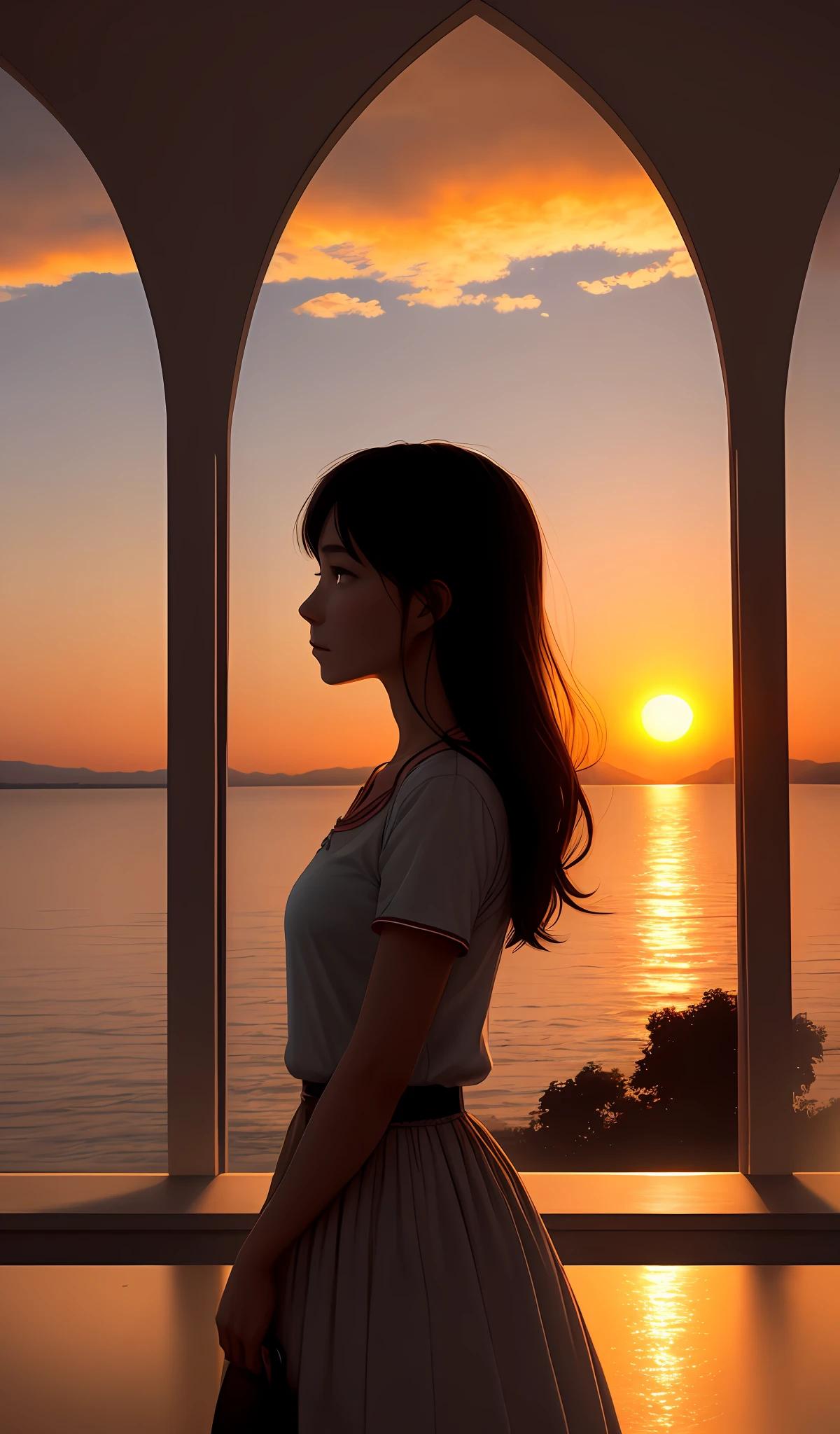 setting sun,both sexes,Faraway view,One person looks into the distance