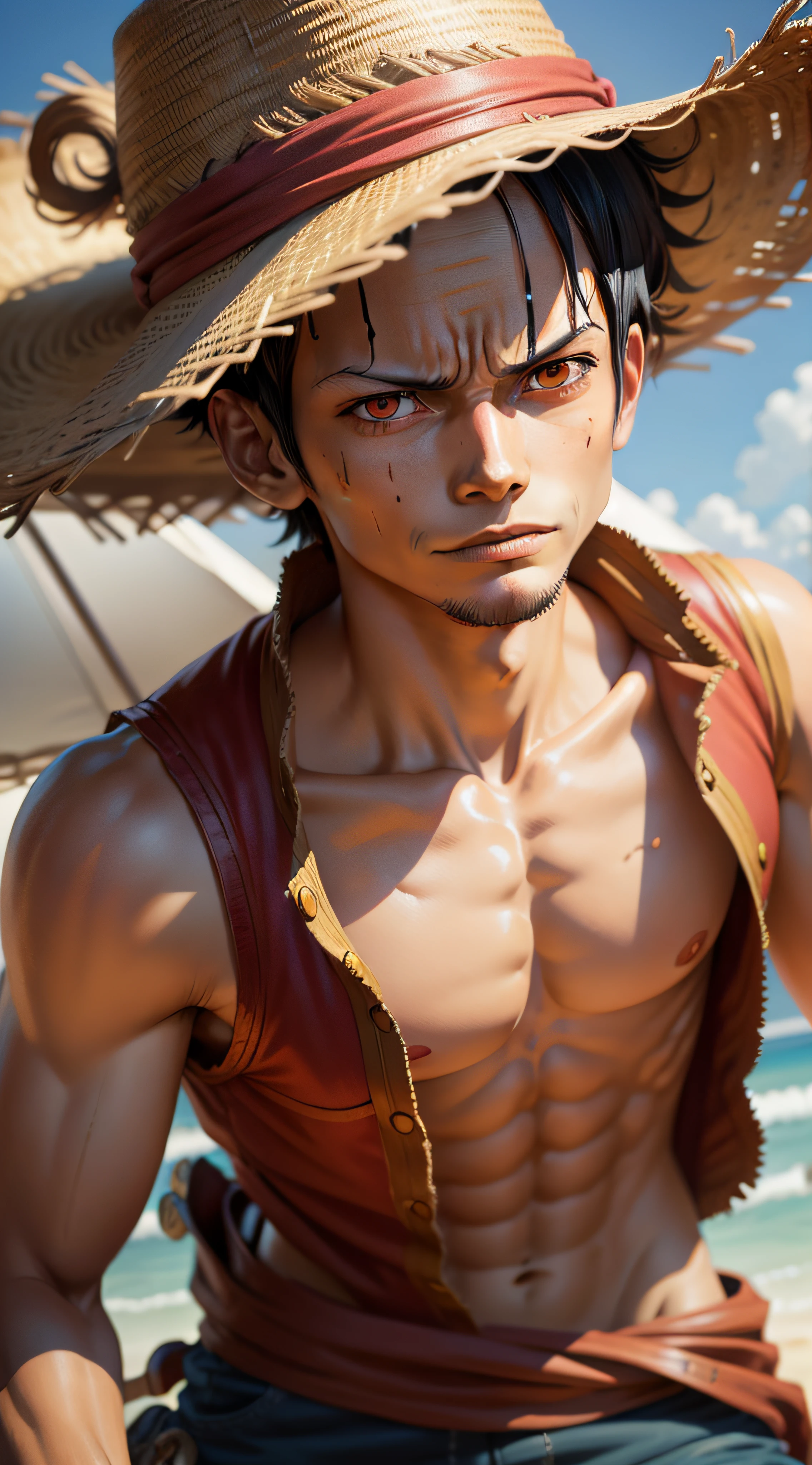 Luffy from One Piece, ultra realistic illustration, detailed eyes, sharp soft focus, Masterpiece, High definition, Ultra highly detailed