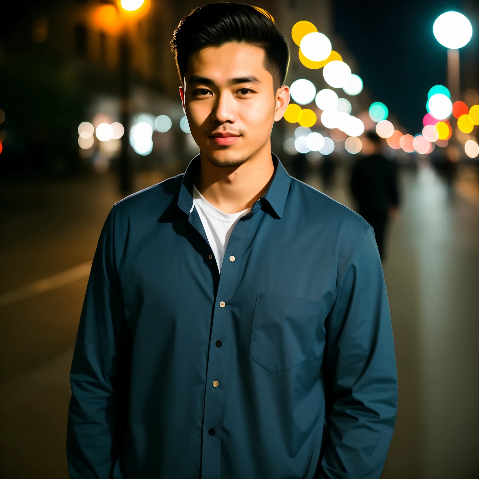 RAW photo, a portrait photo of 25 y.o man in casual clothes, night, city street, (high detailed skin:1.2), 8k uhd, dslr, soft lighting, high quality, film grain, Fujifilm XT3