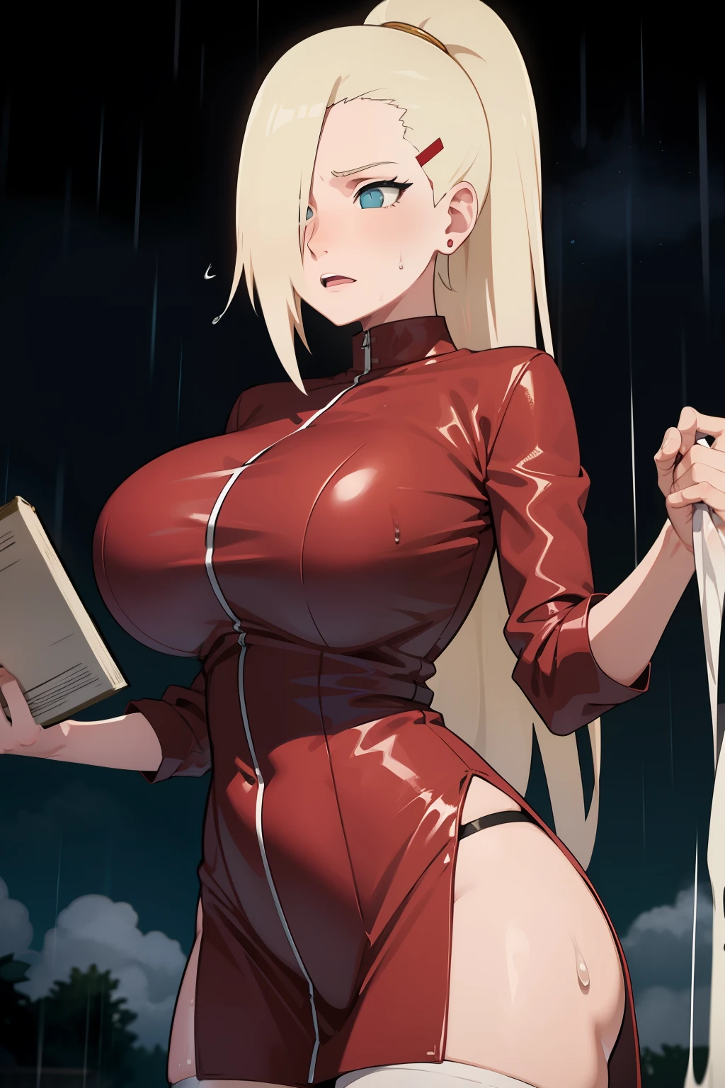 Ino yamanaka, Wet, latex, Night, rain, Storm，full bodyesbian，校服，Long white stockings，downpours， Up，Be red in the face，perspire，stooped，Bigboobs，holding books