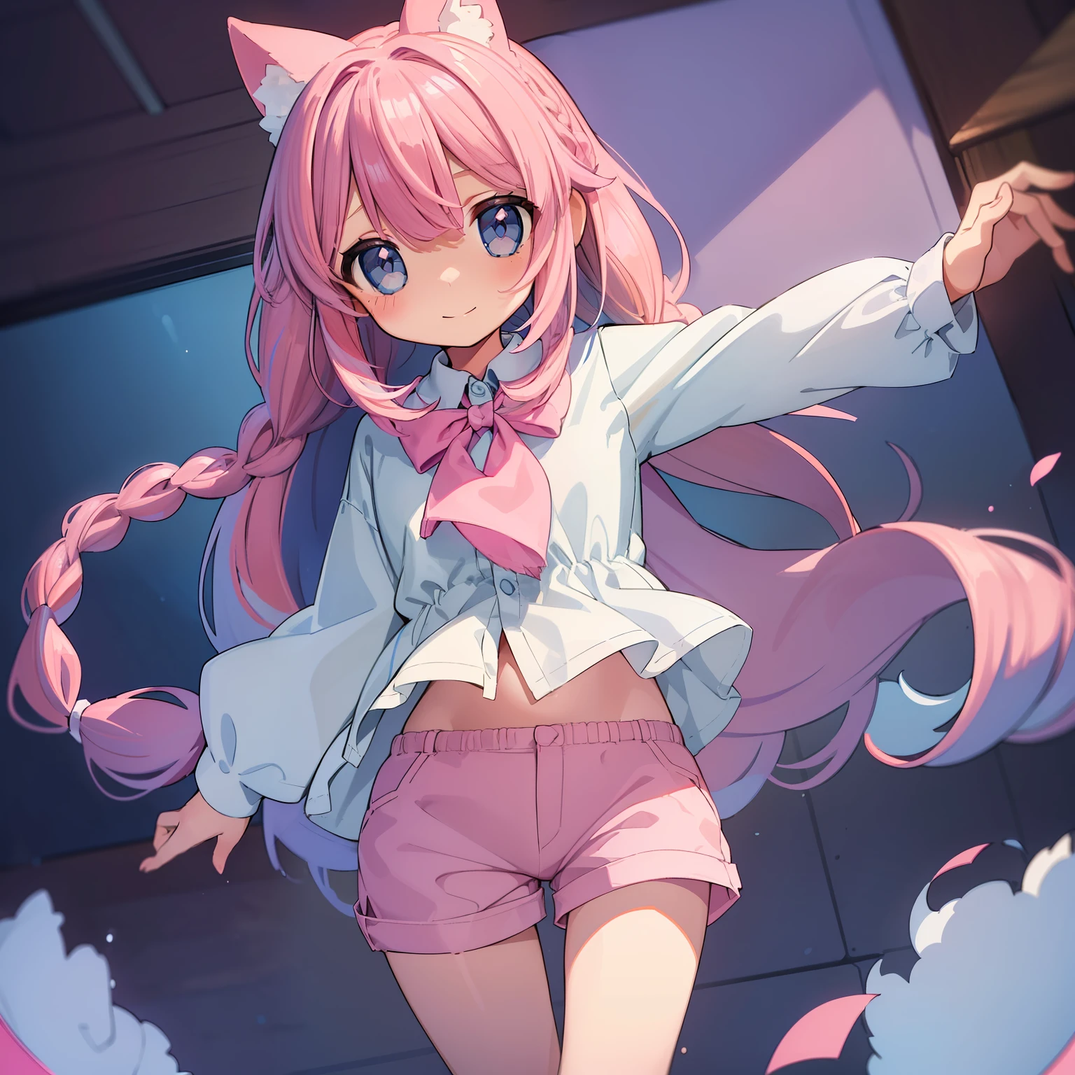 Beautiful illustration, Best Quality, ()、(cute petit girl),Lori、(Tunic layered on chino shorts)、Tunics are white、(Chino shorts are pink)、(Thighs visible through the gap in chinos shorts)、Thigh gap、 Beautiful blue eyes, Cinematic lighting,A slight smil,(Long pink hair)、Braids and large ribbons on the back of the head